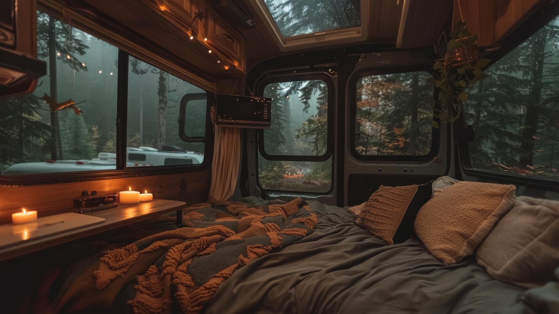 Cozy RV interior during rainfall