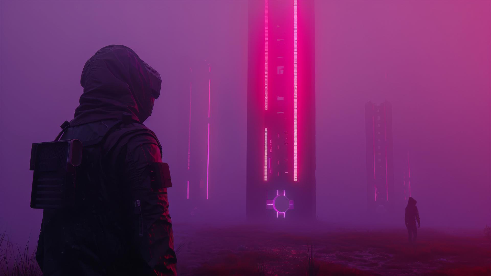 Cybergoth scarecrow in fog with neon light and distant brutalist structure
