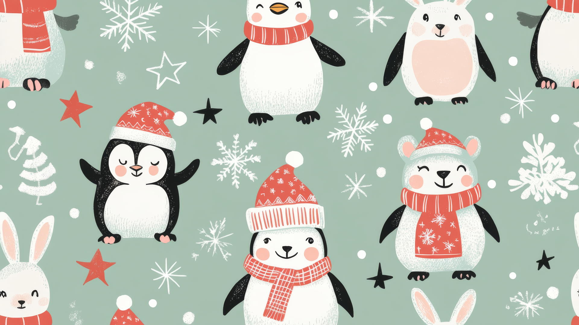 cute preppy Christmas wallpaper with penguins, polar bears, and rabbits in hats and scarves on a pastel green background