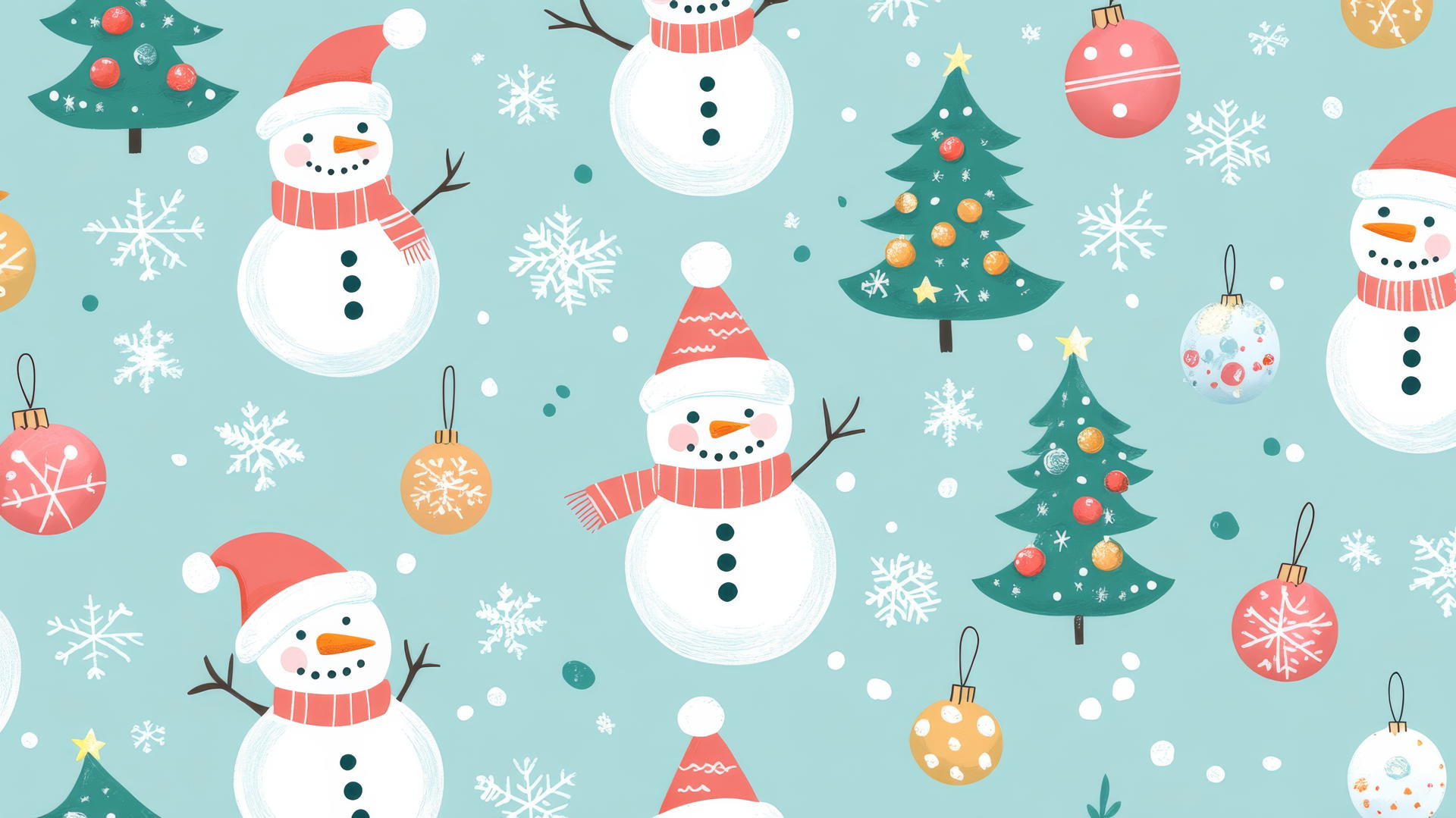 Cute Christmas wallpaper preppy with snowmen, Christmas trees, and ornaments on a pastel blue background.