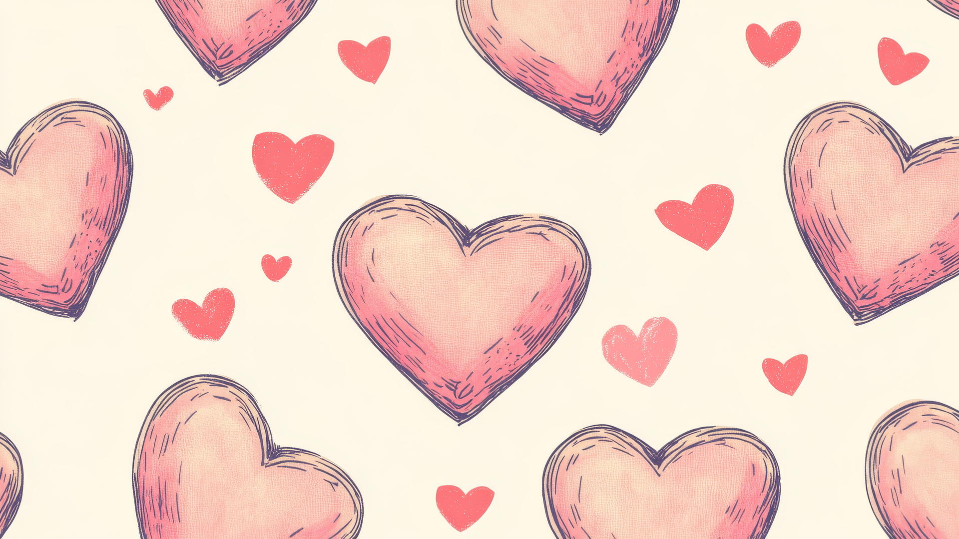 pink preppy wallpaper with pink hearts on a cream background, hand-drawn style