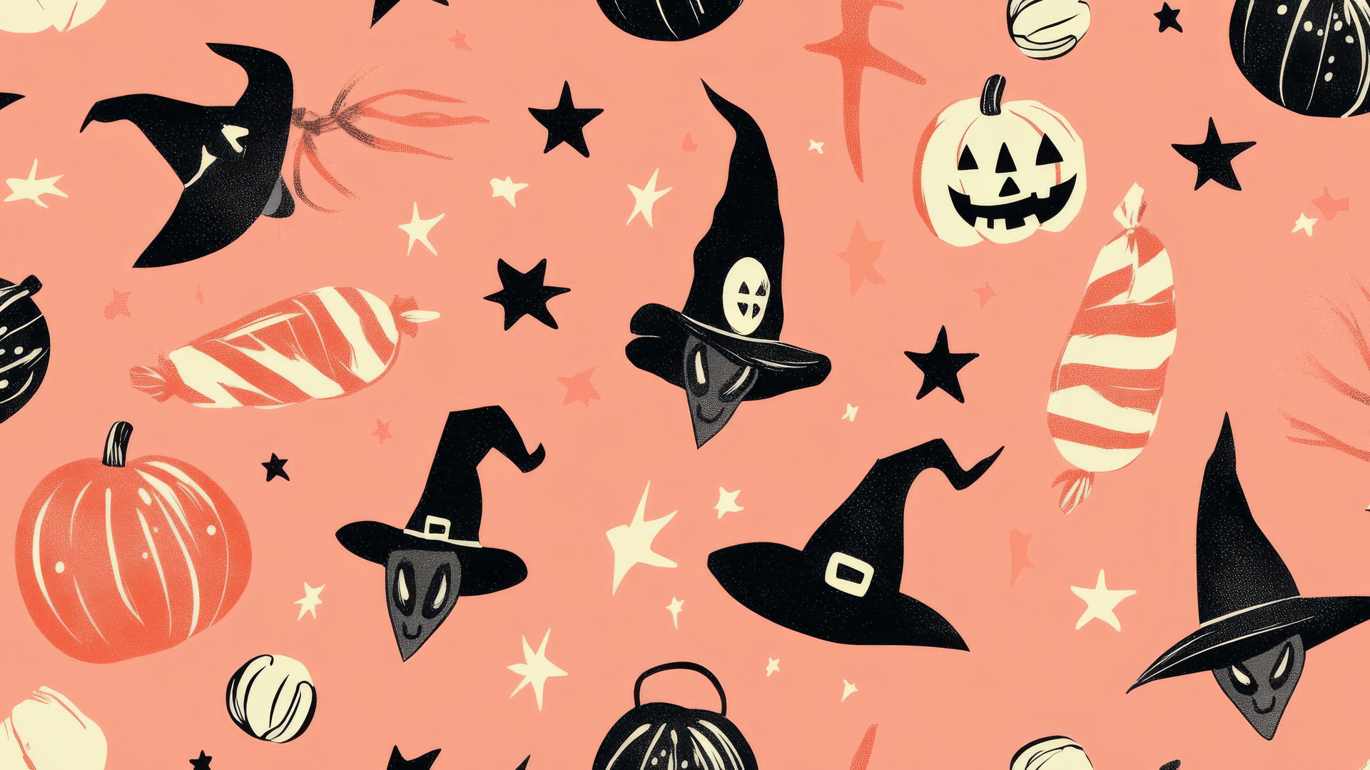 Preppy wallpaper Halloween with retro witches, candy canes, and stars on pastel coral