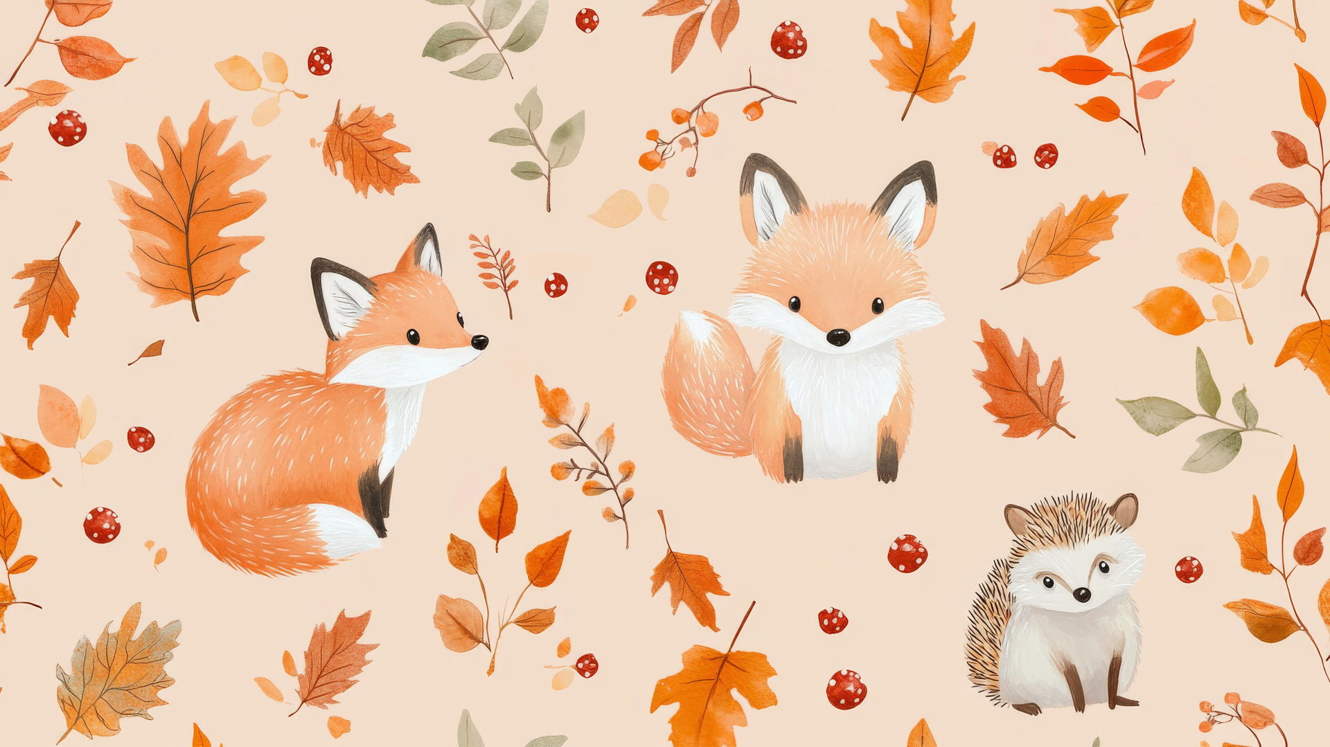 preppy autumn wallpaper with pastel-colored foxes, hedgehogs, leaves, and berries on peach background