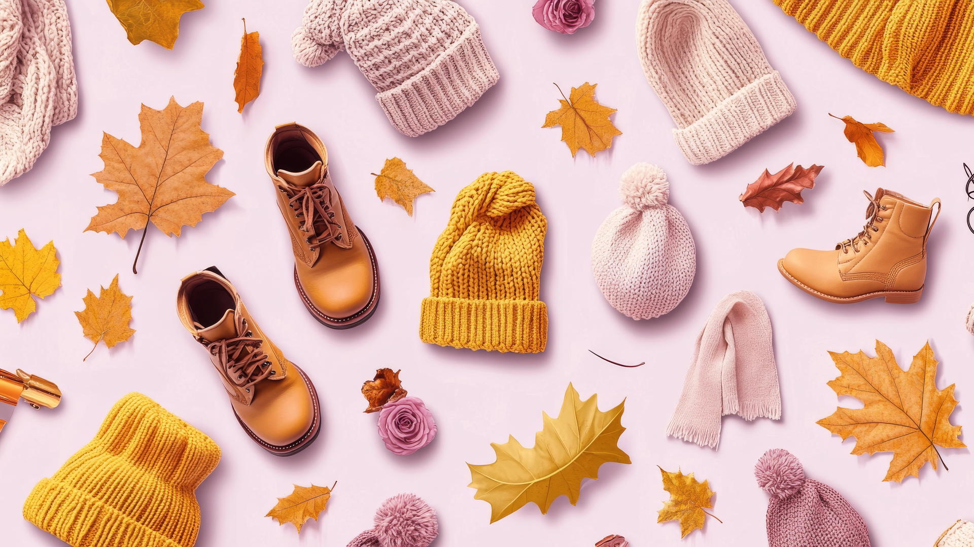 Preppy fall wallpaper with cozy accessories on pastel purple