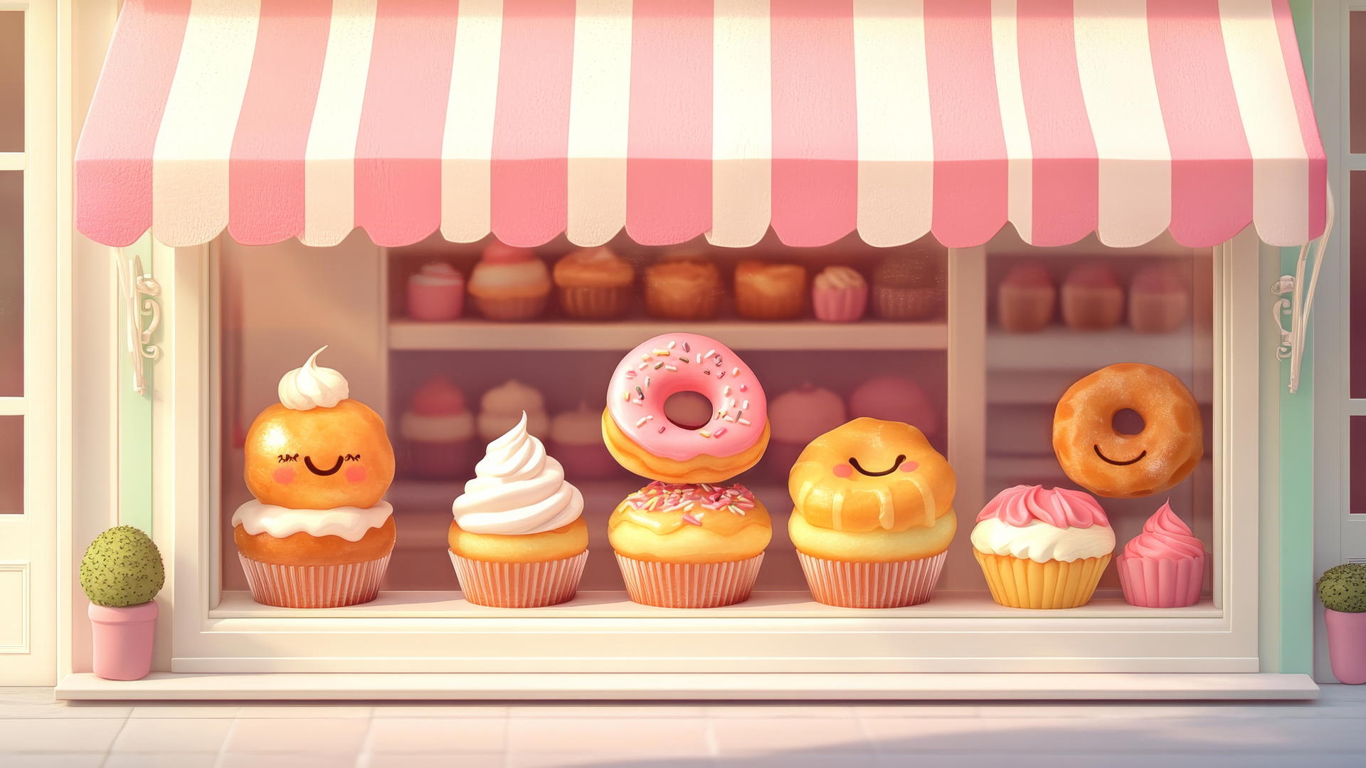 wallpapers cute cartoon bakery with smiling pastries in pastel-colored window