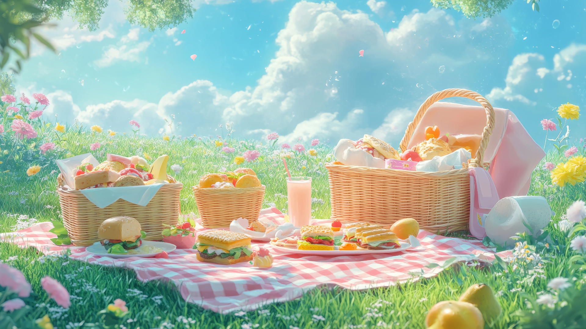 Cute wallpapers aesthetic: picnic scene with pastel blankets and food