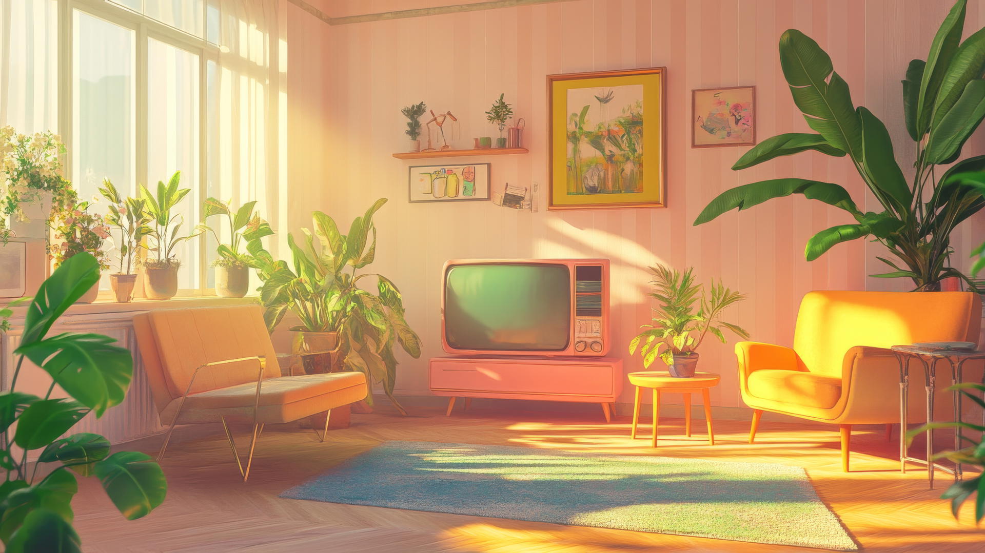 cute wallpapers aesthetic with retro living room, pastel furniture, vintage TV, houseplants