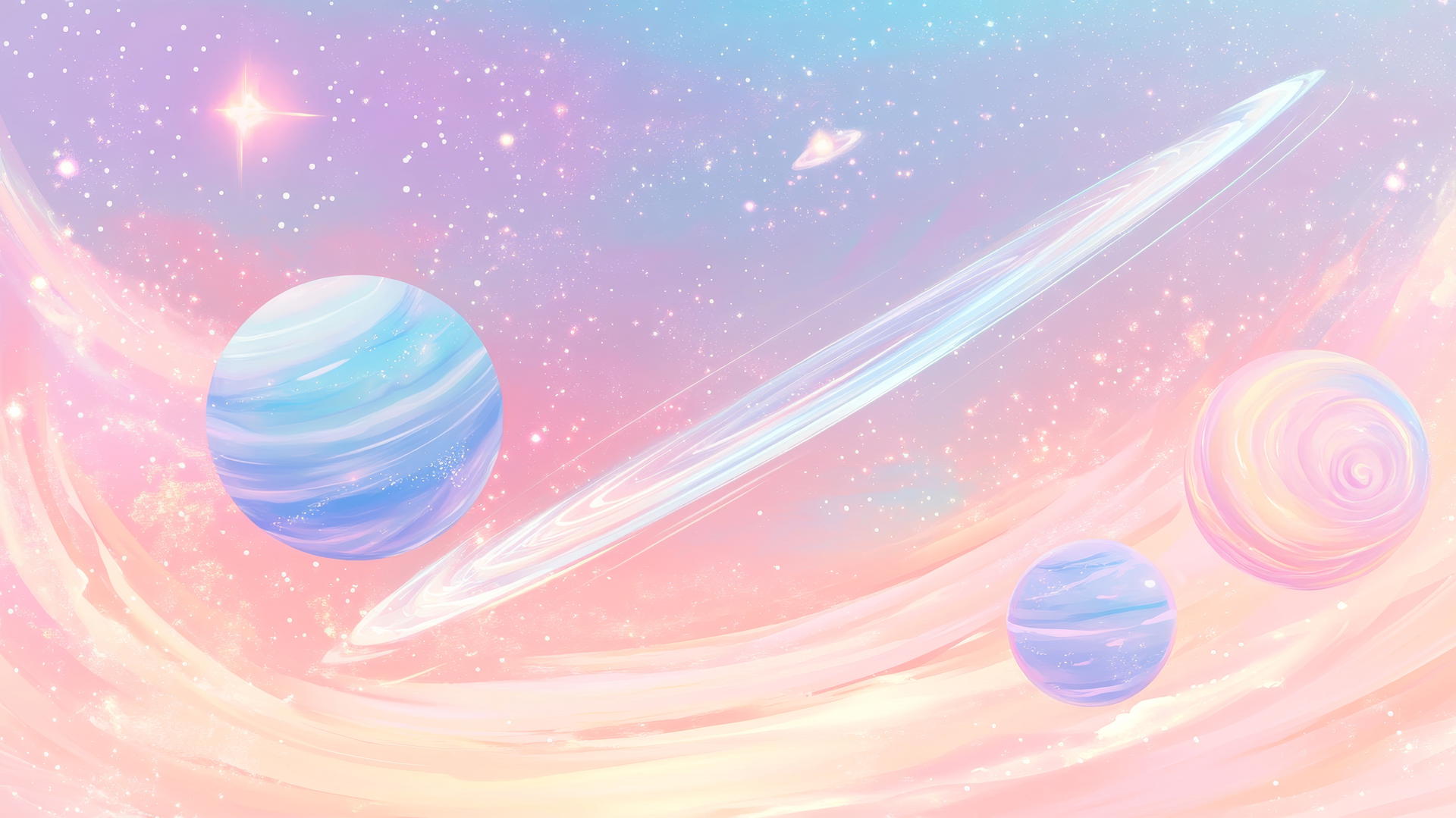 cute wallpapers aesthetic with pastel galaxy, swirling stars, planets, and comets