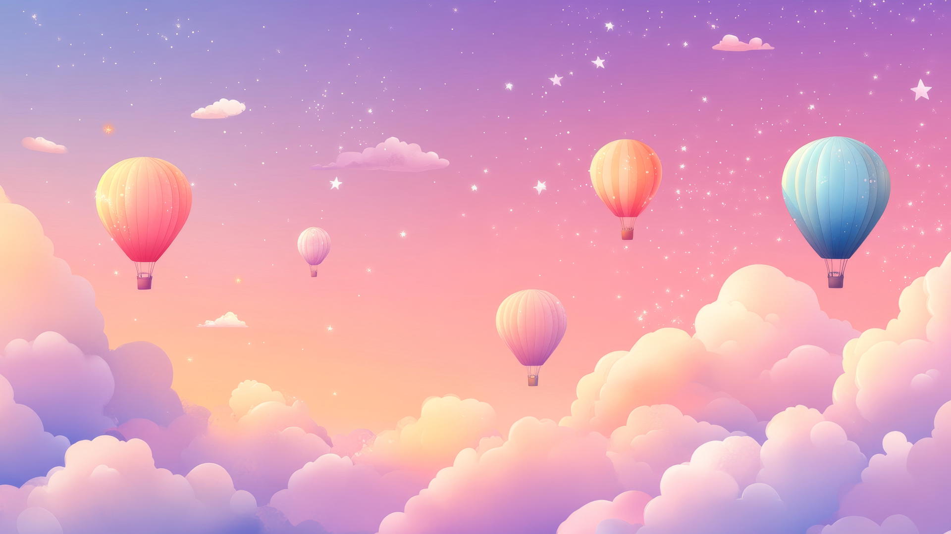 Dreamy cloudscape with cute hot air balloons and stars in a pastel sky, cute aesthetic wallpapers