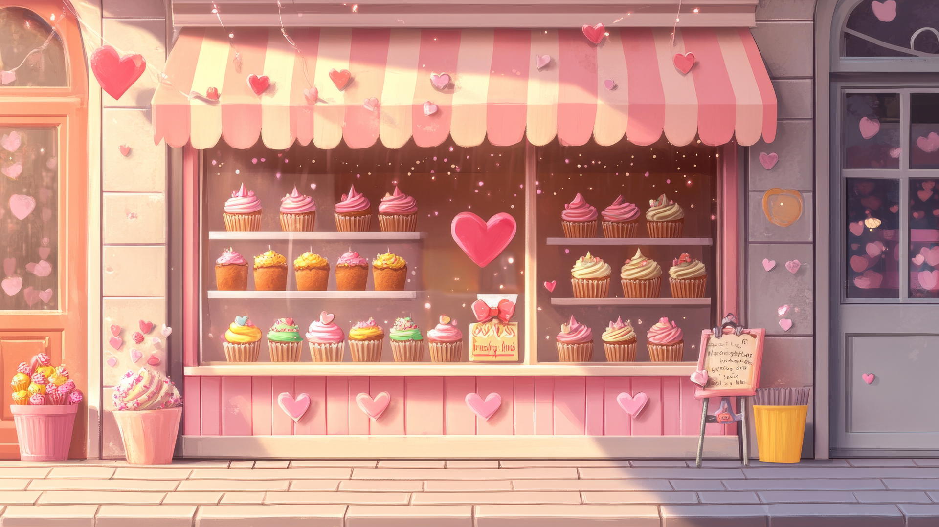 Cute cartoon cupcake shop with colorful cupcakes, sweet treats, hearts, sparkles, and pastel-colored awnings. cute wallpapers for girls