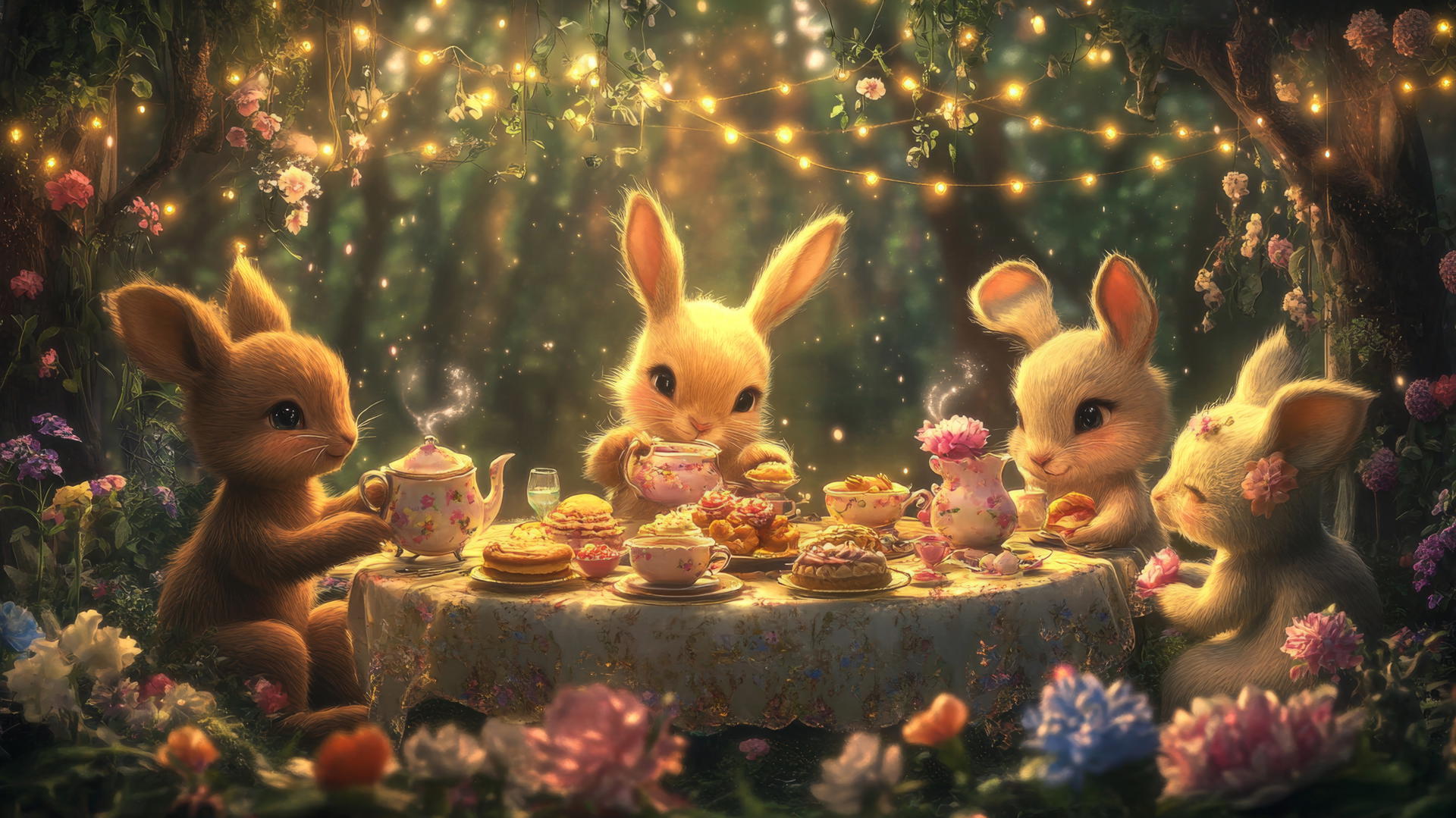 cute wallpapers for girls, whimsical tea party with bunnies and bears, surrounded by flowers and fairy lights