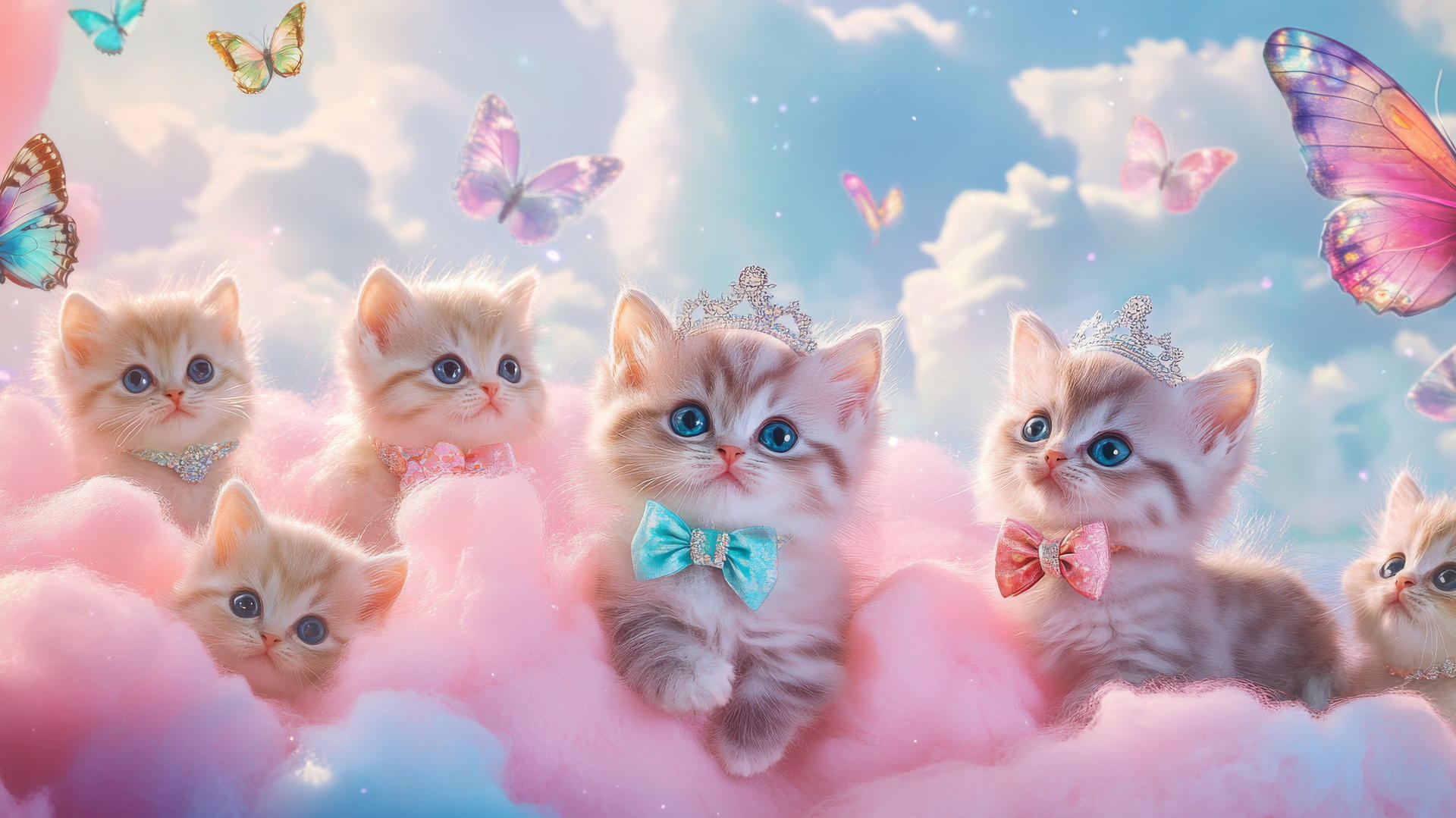 cute wallpapers for girls: smiling kittens with bows and tiaras, butterflies, pink clouds
