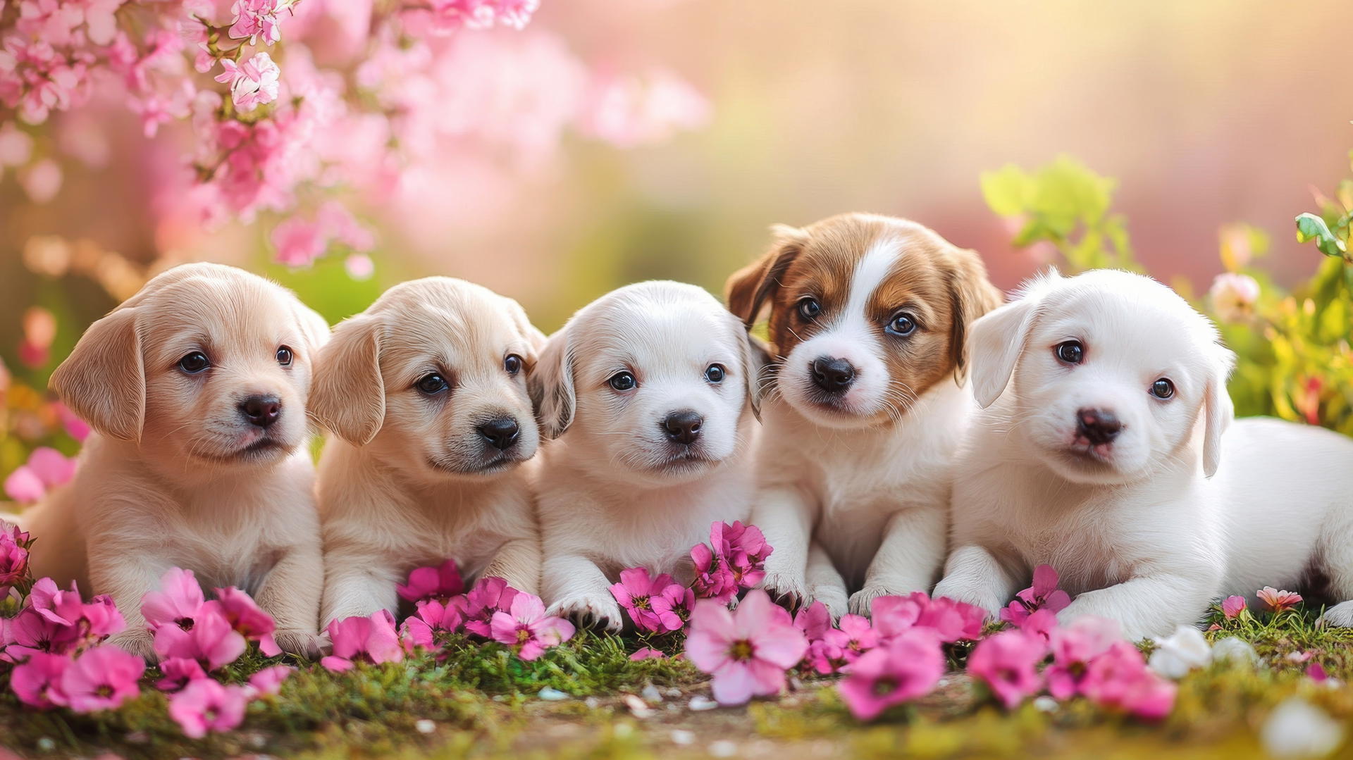 Pink cute puppy wallpaper with puppies playing in a park, pastel flowers, and trees.