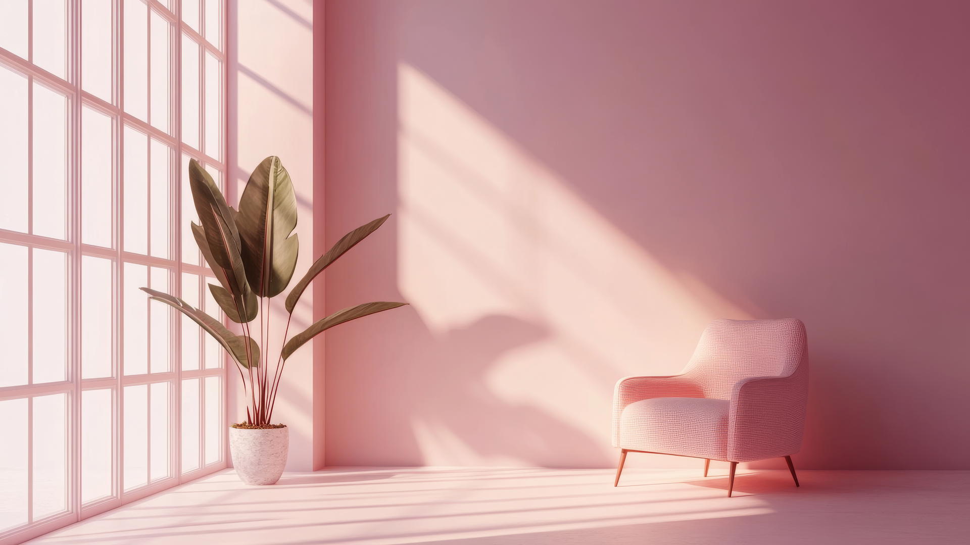 a minimalist pink room with clean lines, soft lighting, a cozy chair by a large window, and a potted plant, pink wallpaper aesthetic