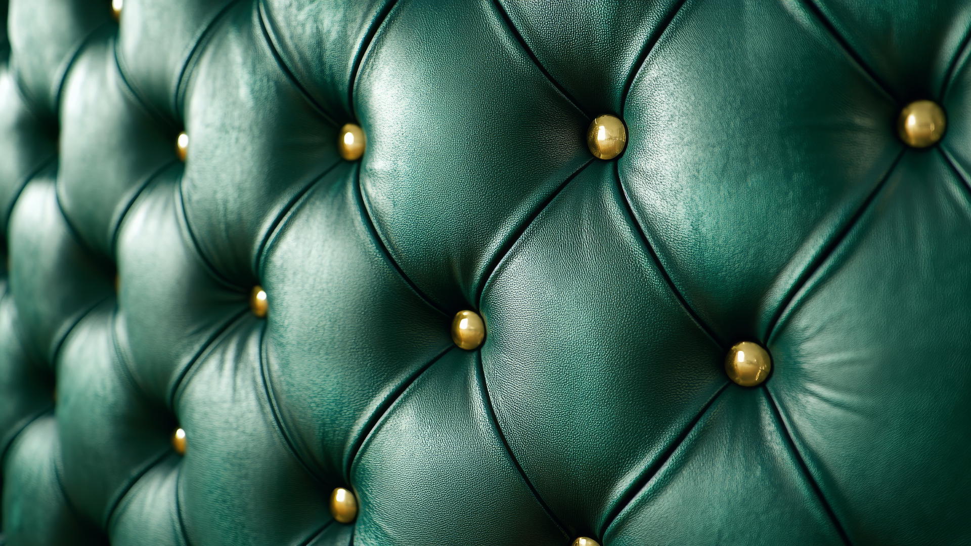 A luxurious emerald green wallpaper with quilted leather texture and golden buttons