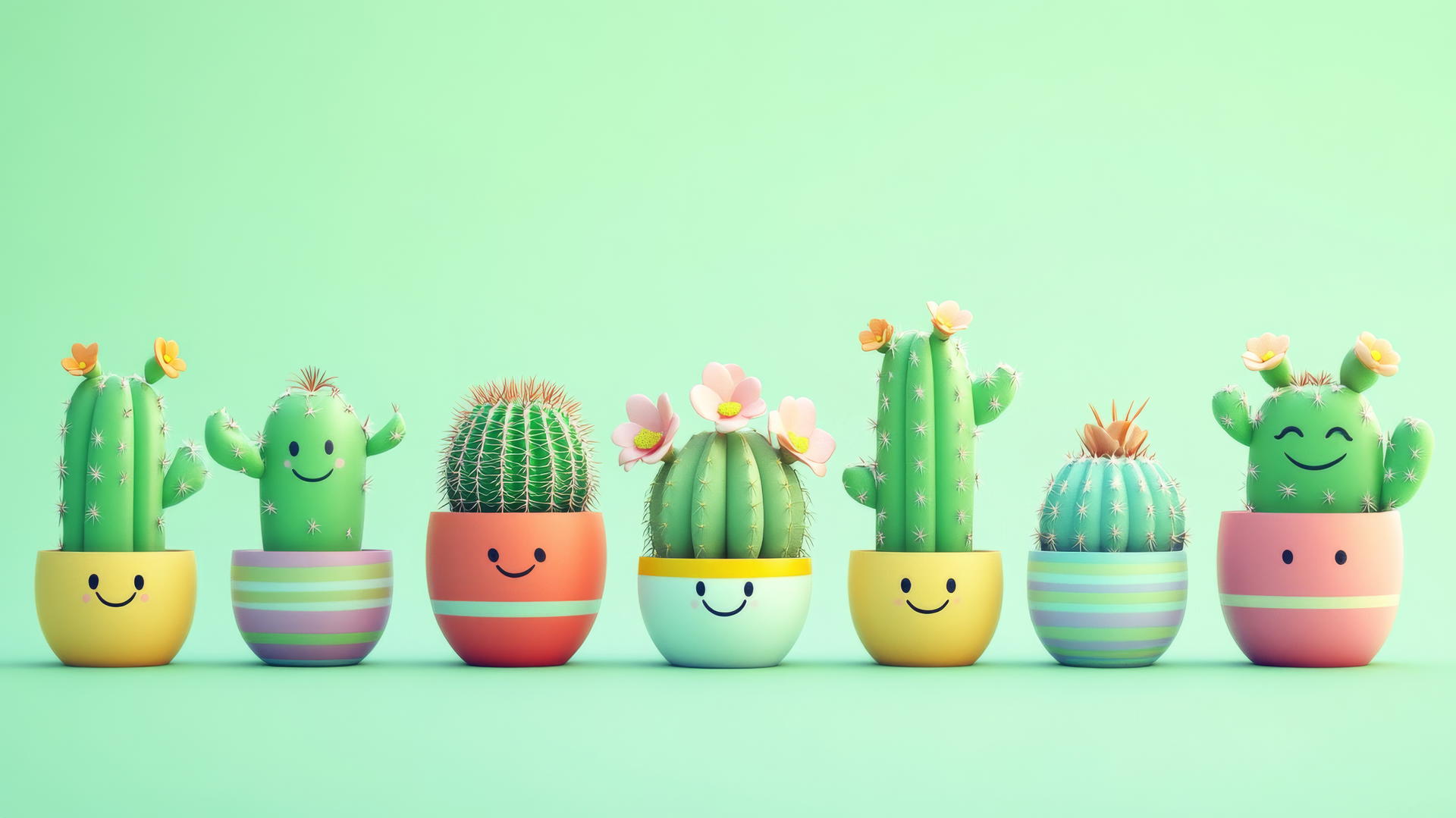 cute green wallpaper with smiling cacti in colorful pots and tiny flowers against light green background