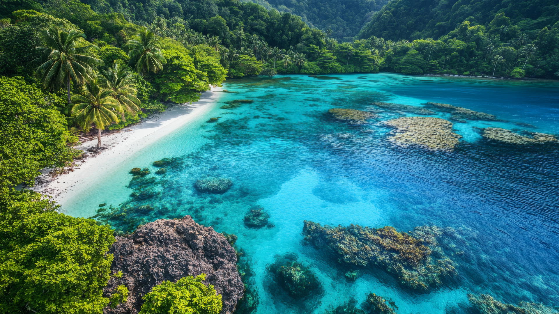beautiful nature wallpaper 4k of tropical island with turquoise waters, coral reefs, and palm trees