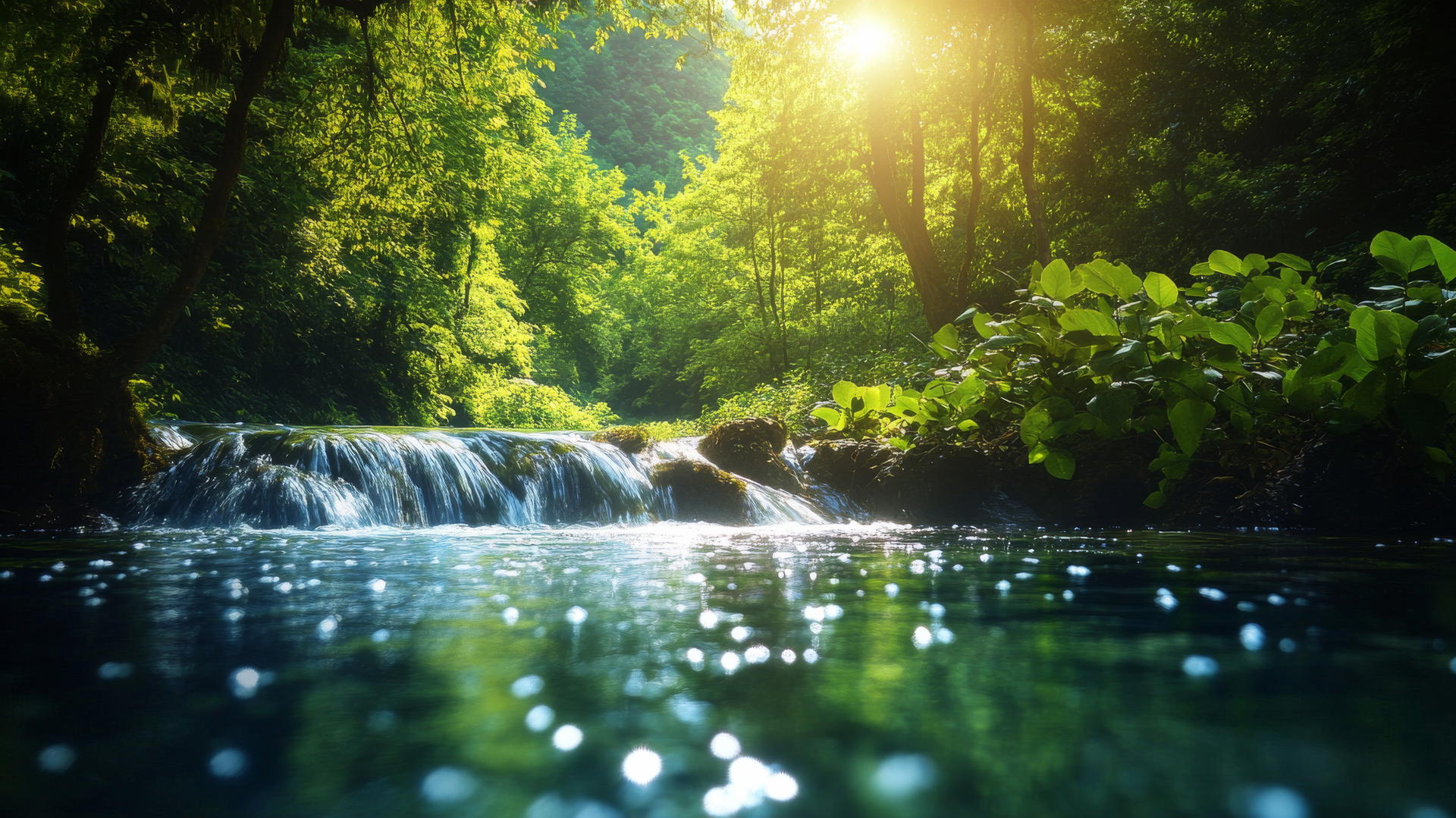 beautiful nature wallpaper 4k featuring a crystal-clear river in a dense forest with sunlight shining on the water
