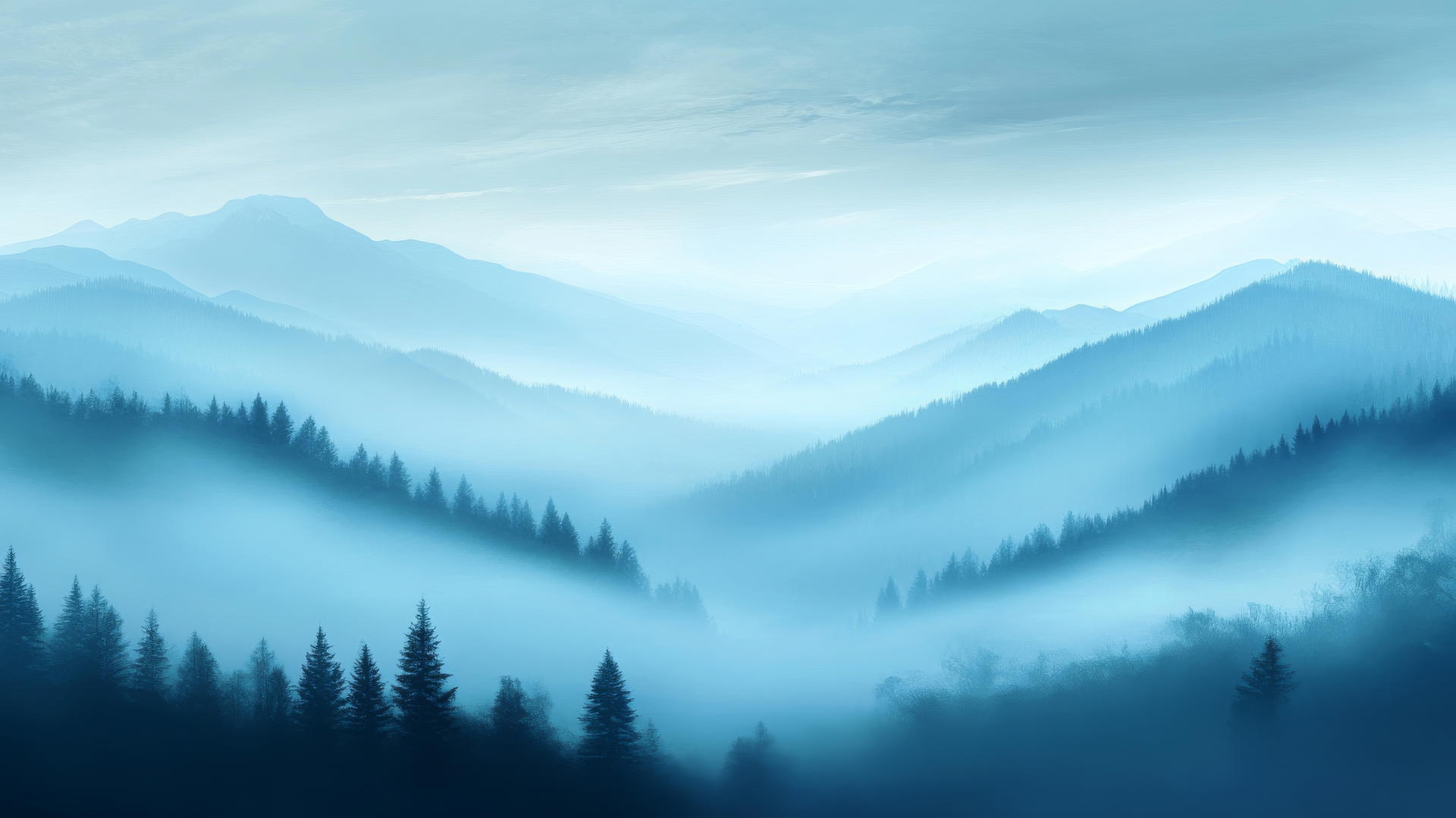 Blue wallpaper aesthetic with dreamy foggy landscape and misty hills.