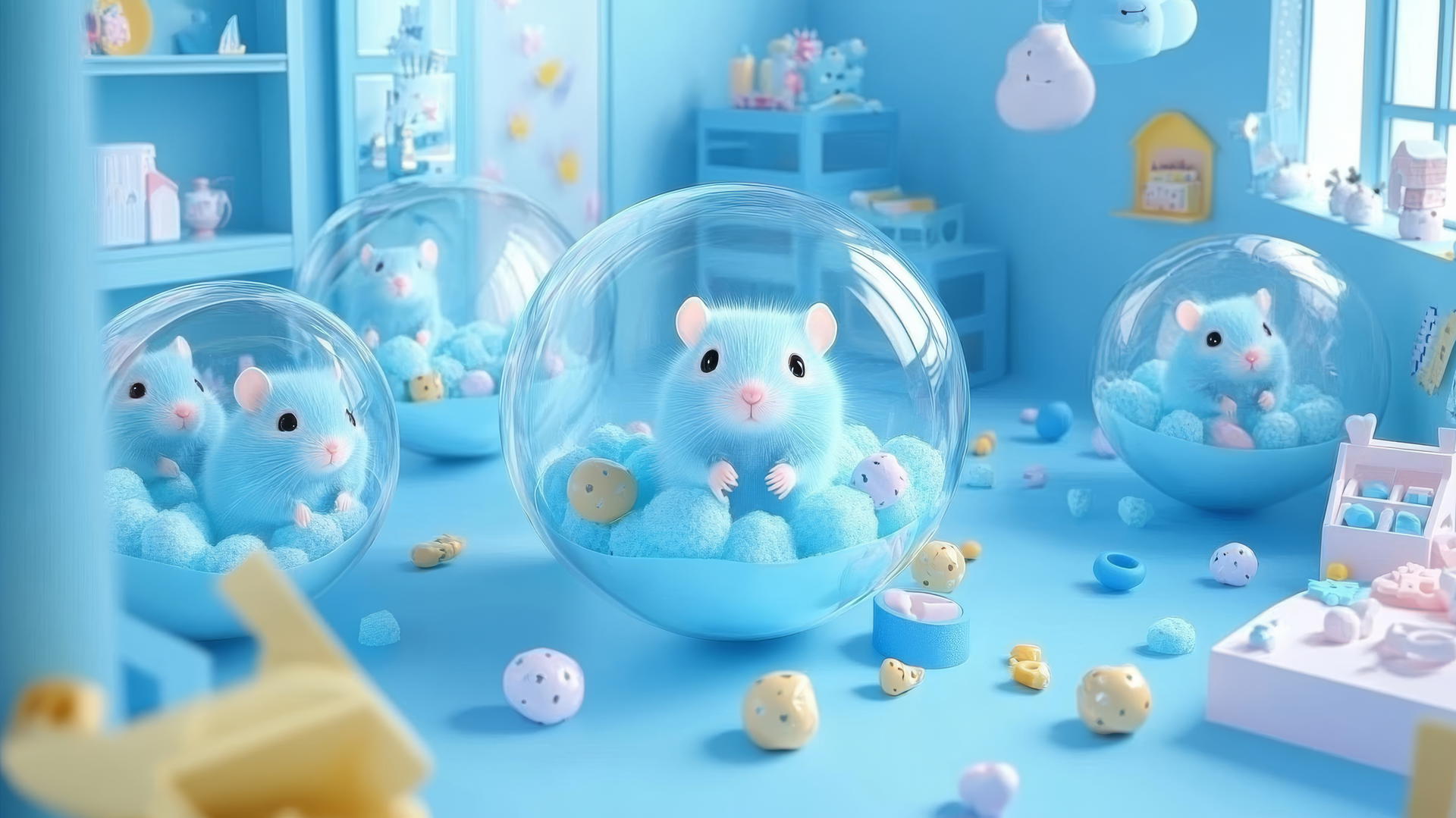 cute blue wallpaper with adorable hamsters in transparent balls