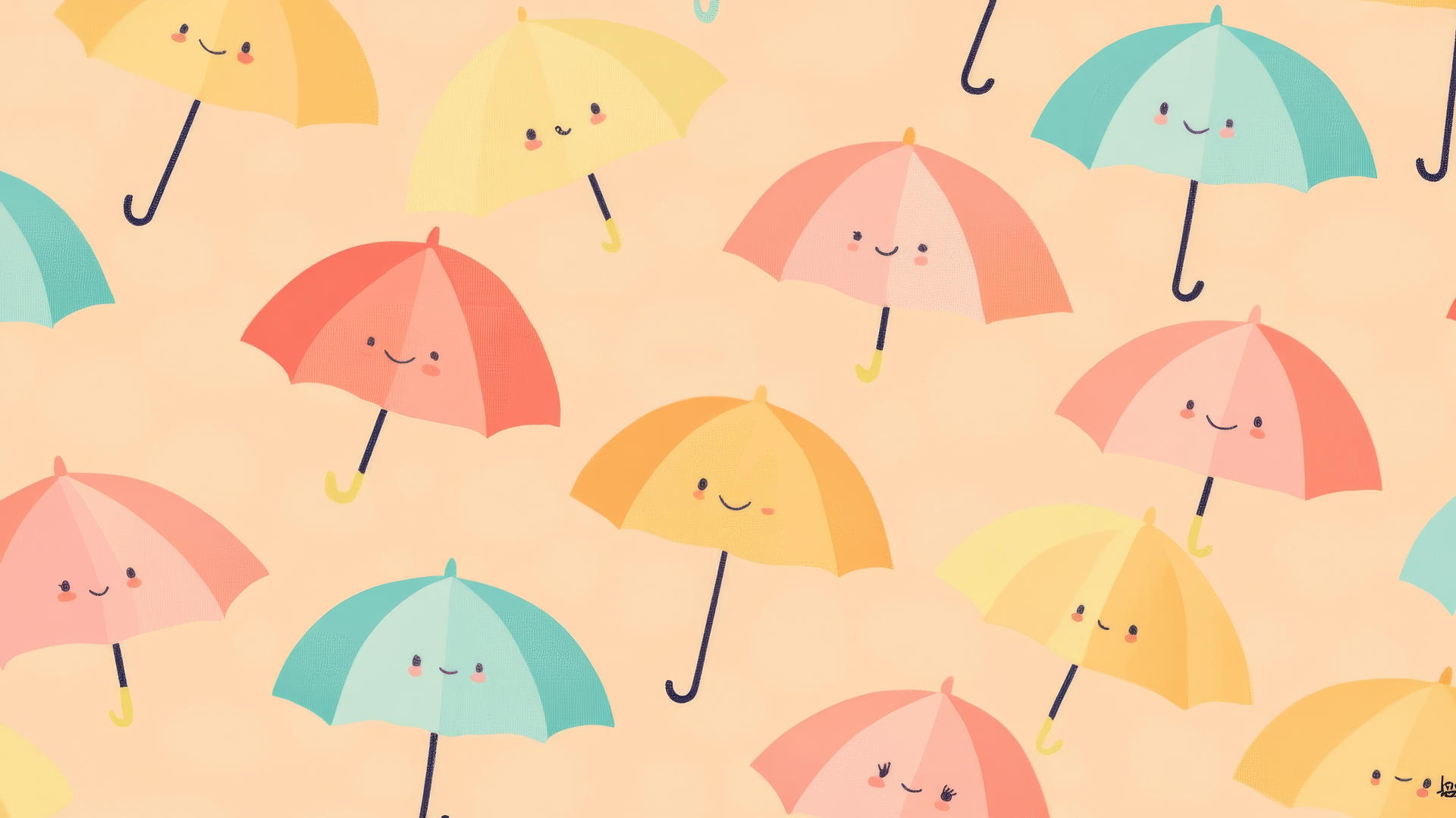 Cute summer wallpaper with colorful beach umbrellas with faces on pastel background.