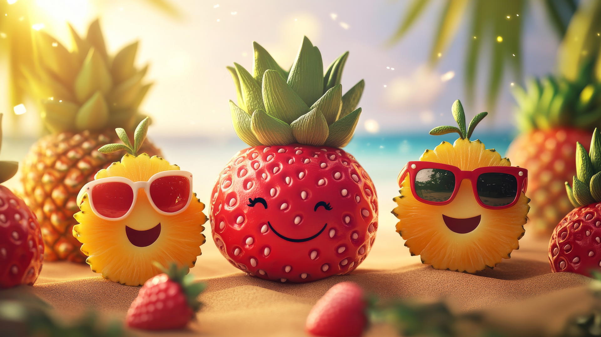 cute summer wallpaper with smiling strawberries, pineapples with sunglasses, and dancing watermelons on a sunny beach