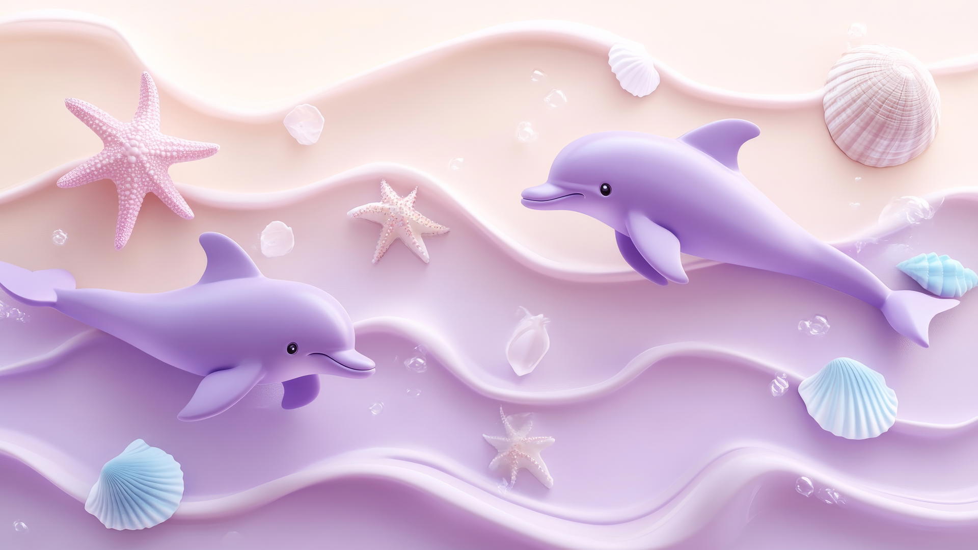 cute purple aesthetic wallpaper with cartoon dolphins, waves, and starfish