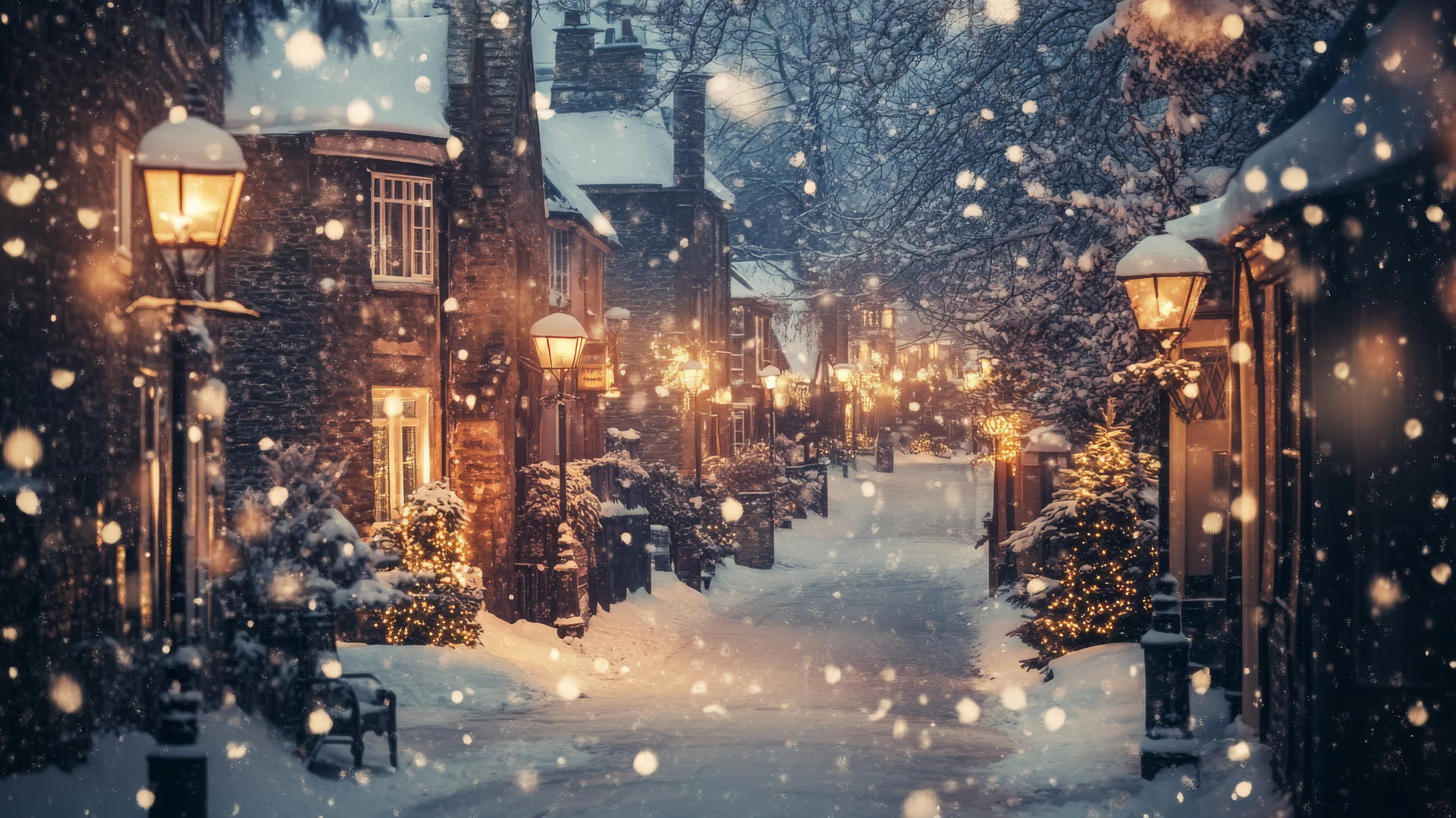 vintage-style street in a small winter village with snow-covered rooftops, glowing lanterns, gentle falling snowflakes