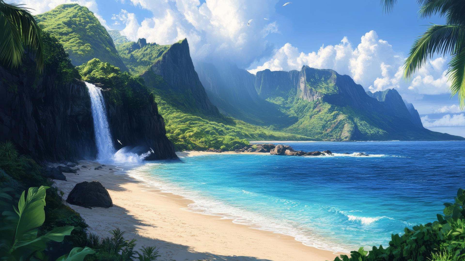 tropical beach wallpaper with cliffs, white sand, blue water, and a distant waterfall