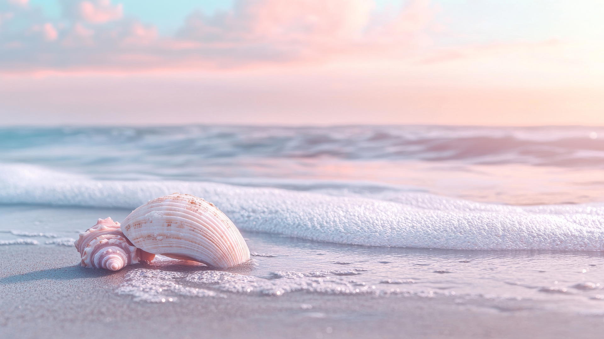 Aesthetic beach wallpaper with dreamy pastel skies, seashells, and gentle waves.