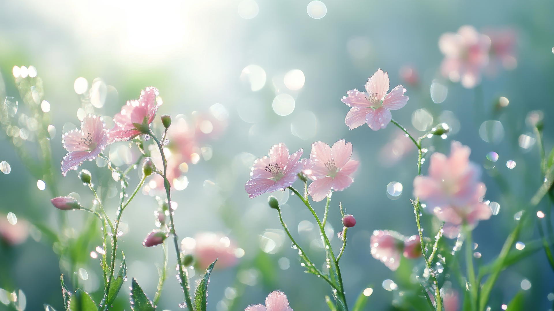 serene spring wallpaper with misty morning, dew-covered flowers, and soft sunlight