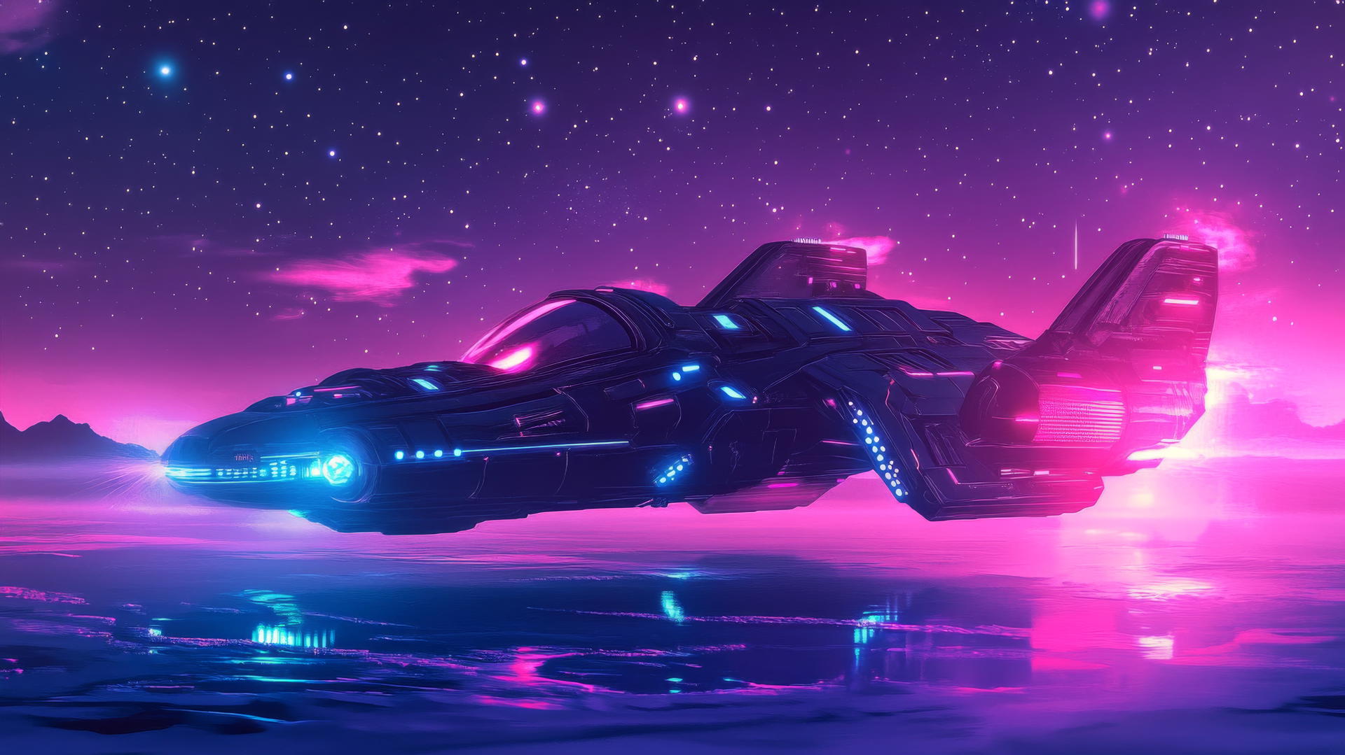 Glowing spaceship outline landing on alien surface with neon highlights