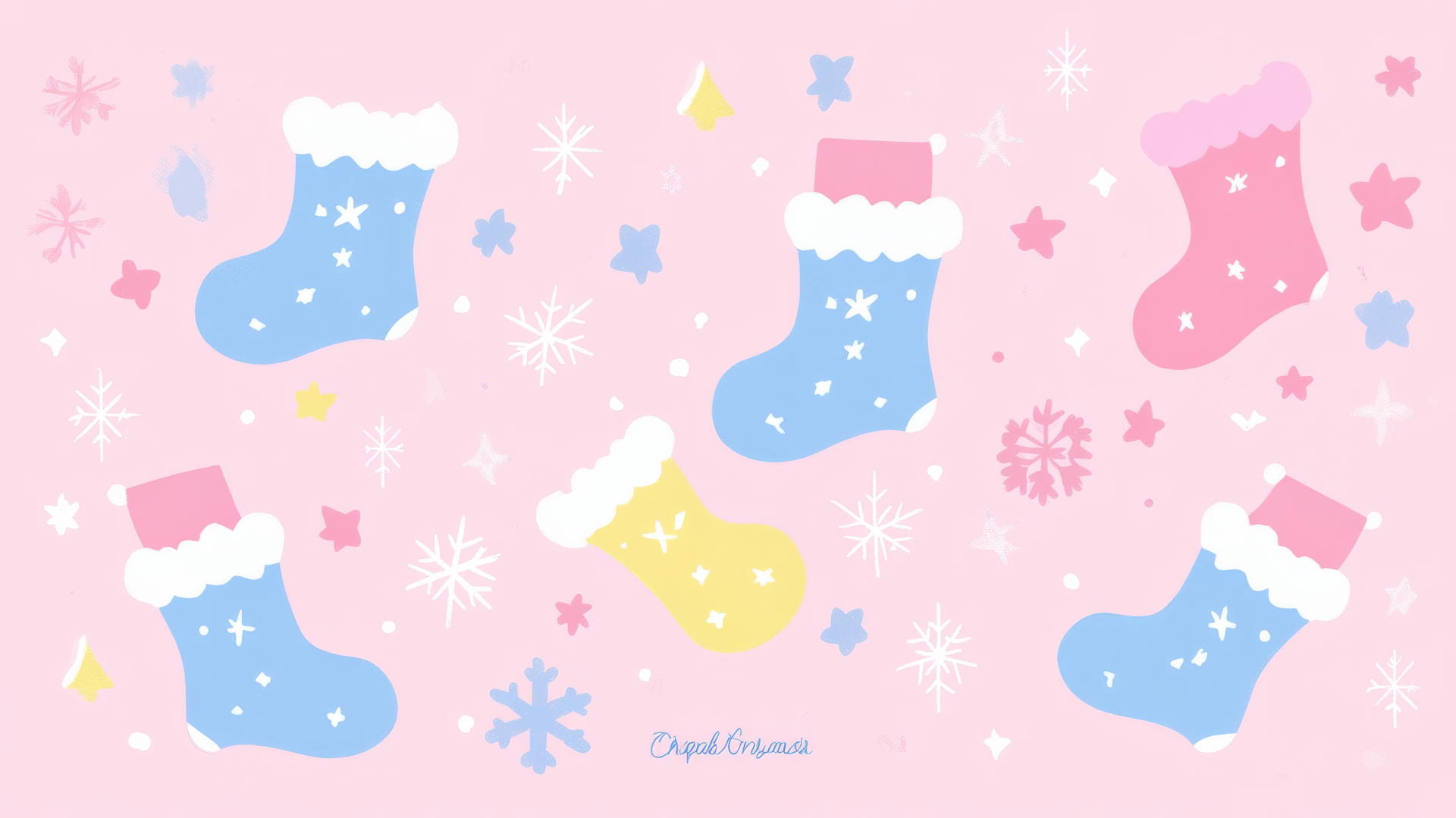Pastel Christmas stockings and snowflakes on pink background