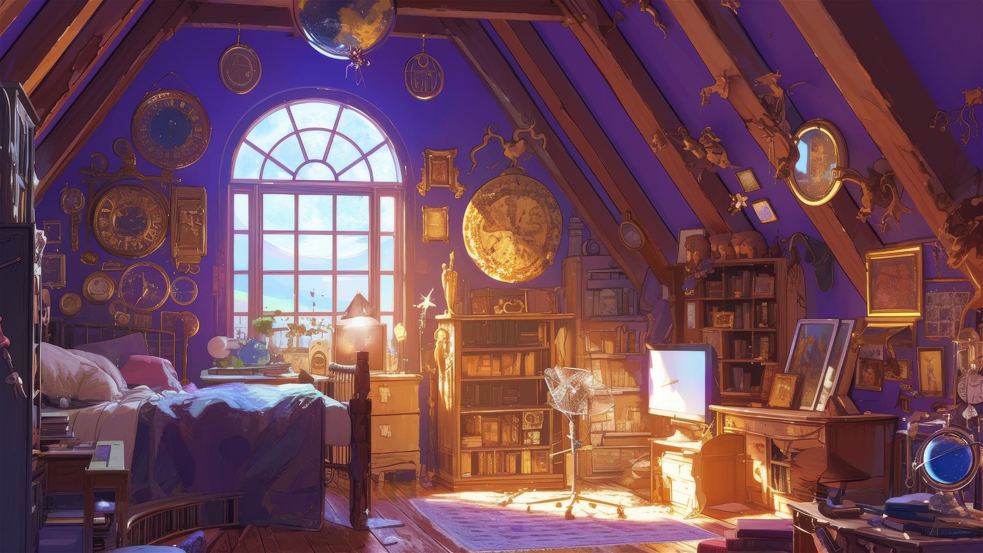 Ghibli-style attic bedroom with moonlight and magical trinkets.