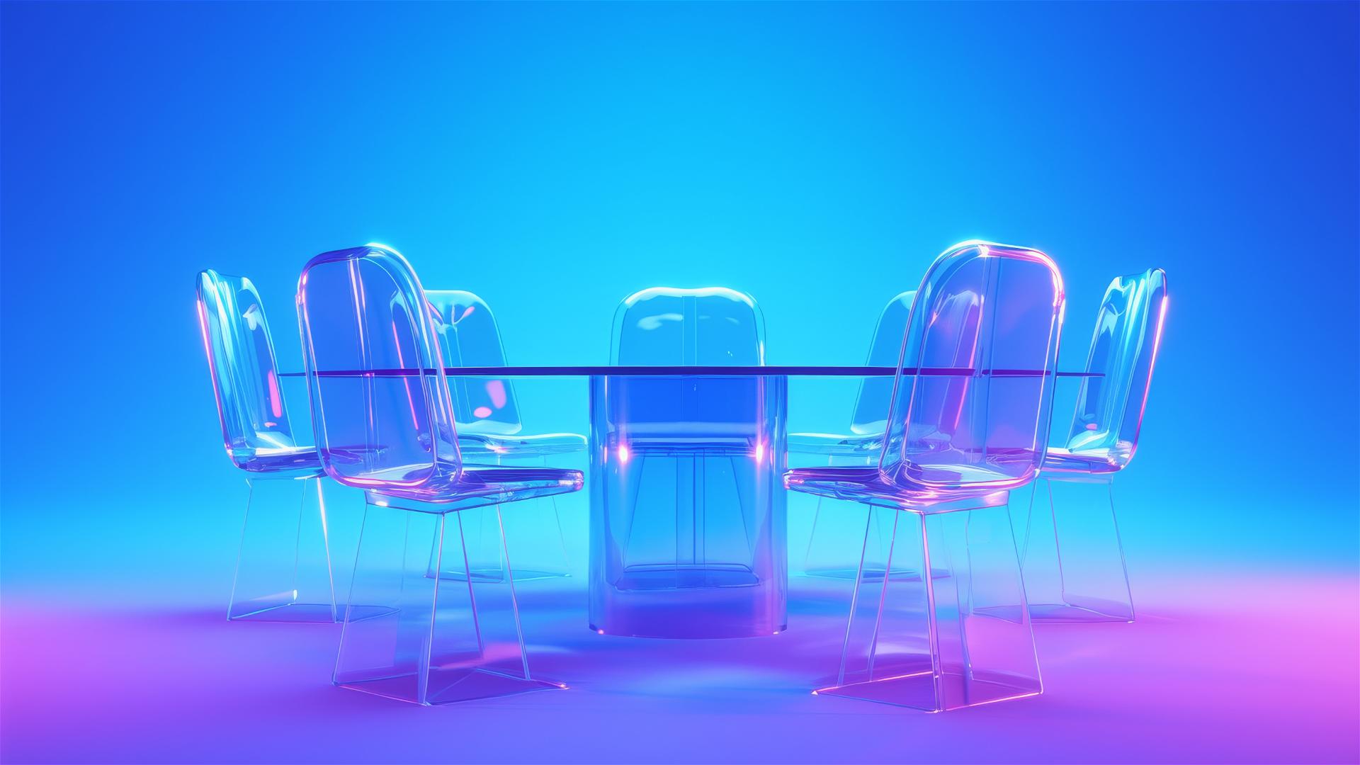3D glass figures in a meeting on a glass table, blue-purple background