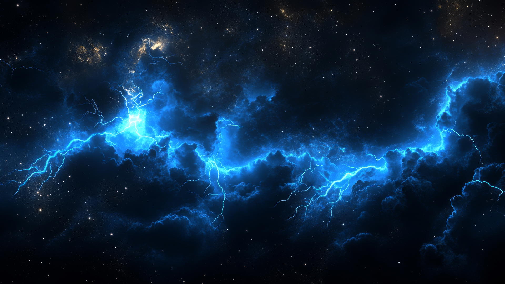 Black and blue wallpaper with neon blue lightning bolt across dark sky