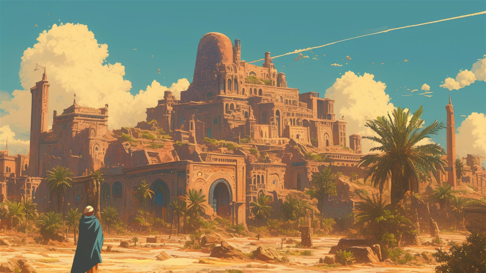Studio Ghibli-style desert scene with ancient ruins and oases.
