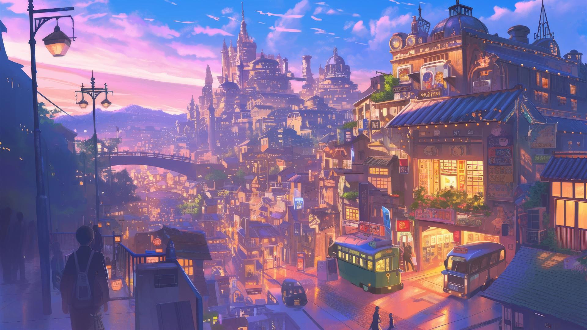 Ghibli-style city street at dusk with magic and technology.