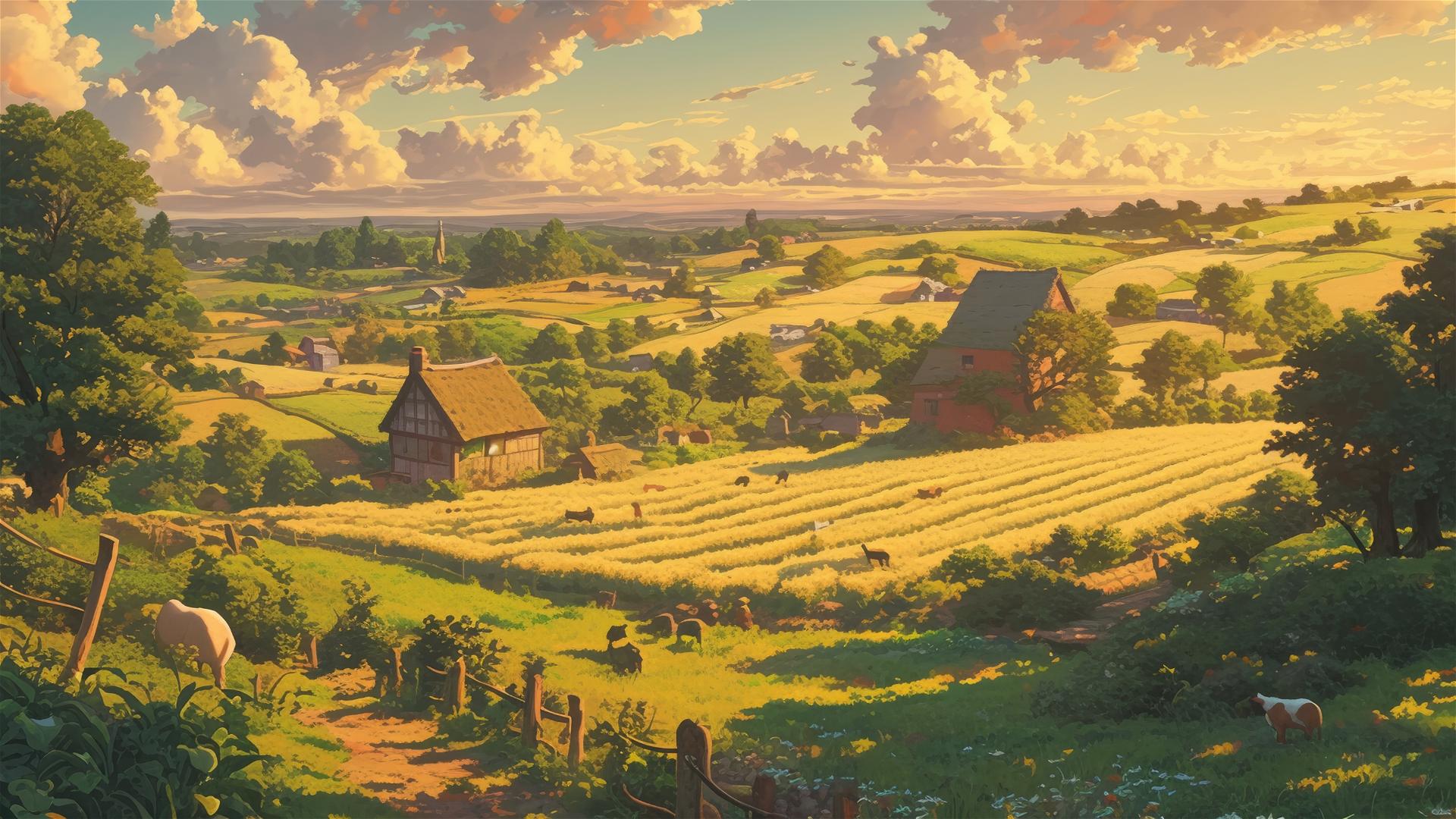 Sunrise illuminating a Ghibli-style landscape with fields, animals, and cottages.