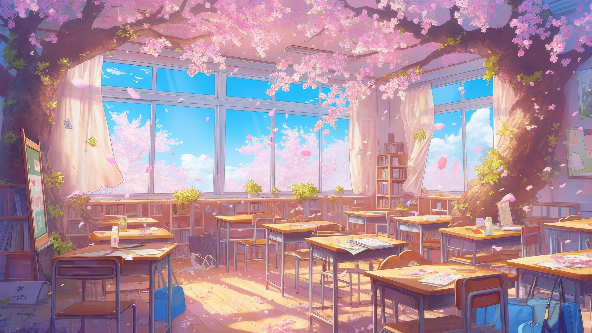 Anime-style classroom with magic and cherry blossoms