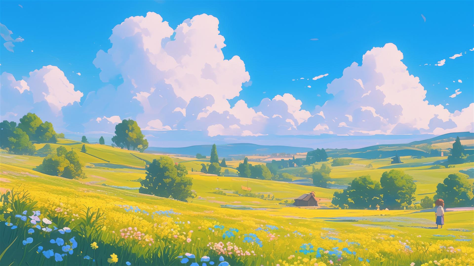 Anime-inspired Ghibli countryside with singing flowers and spirits.