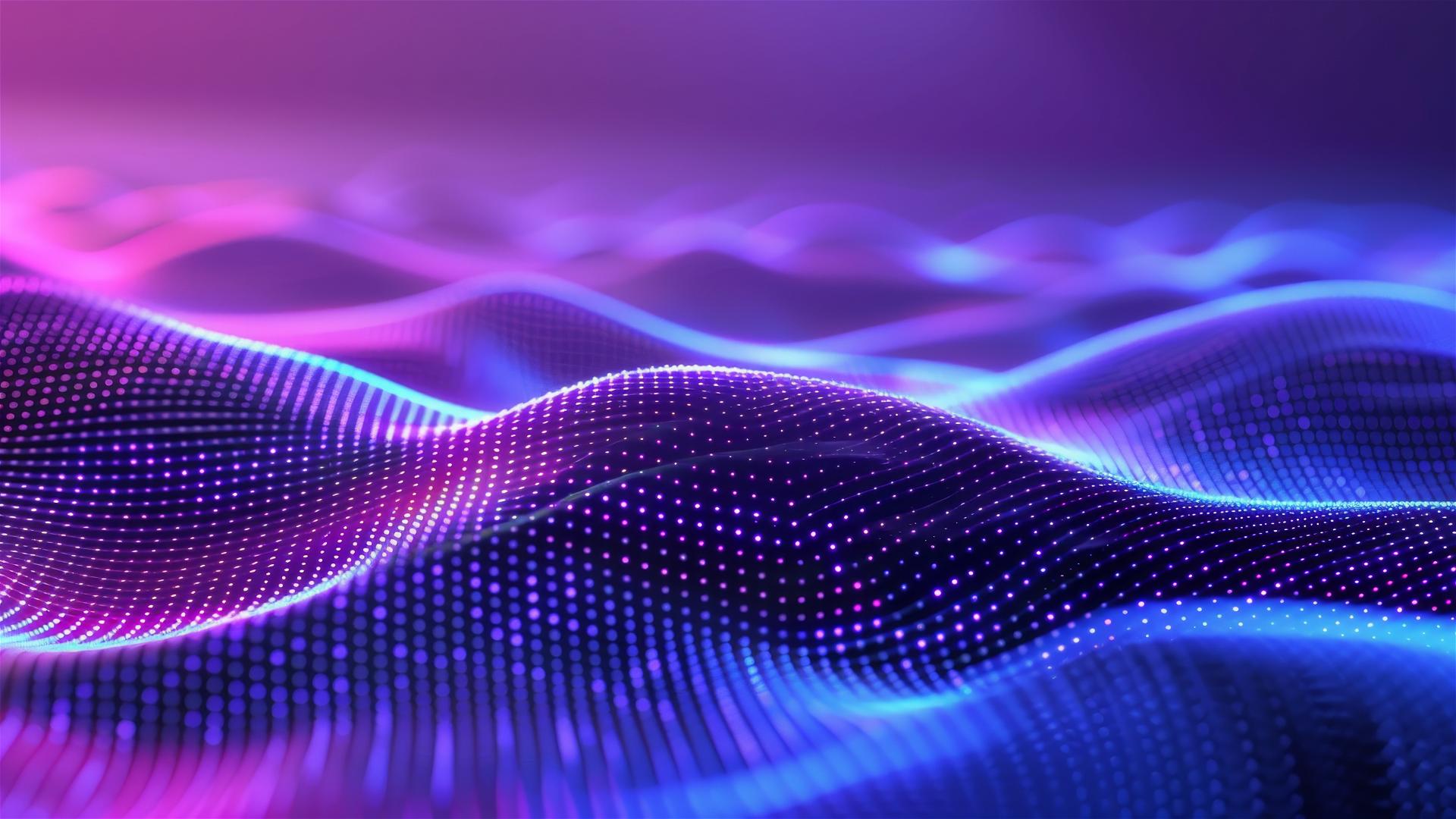 Abstract geometric art with wavy lines and illuminated dots in blue and purple.