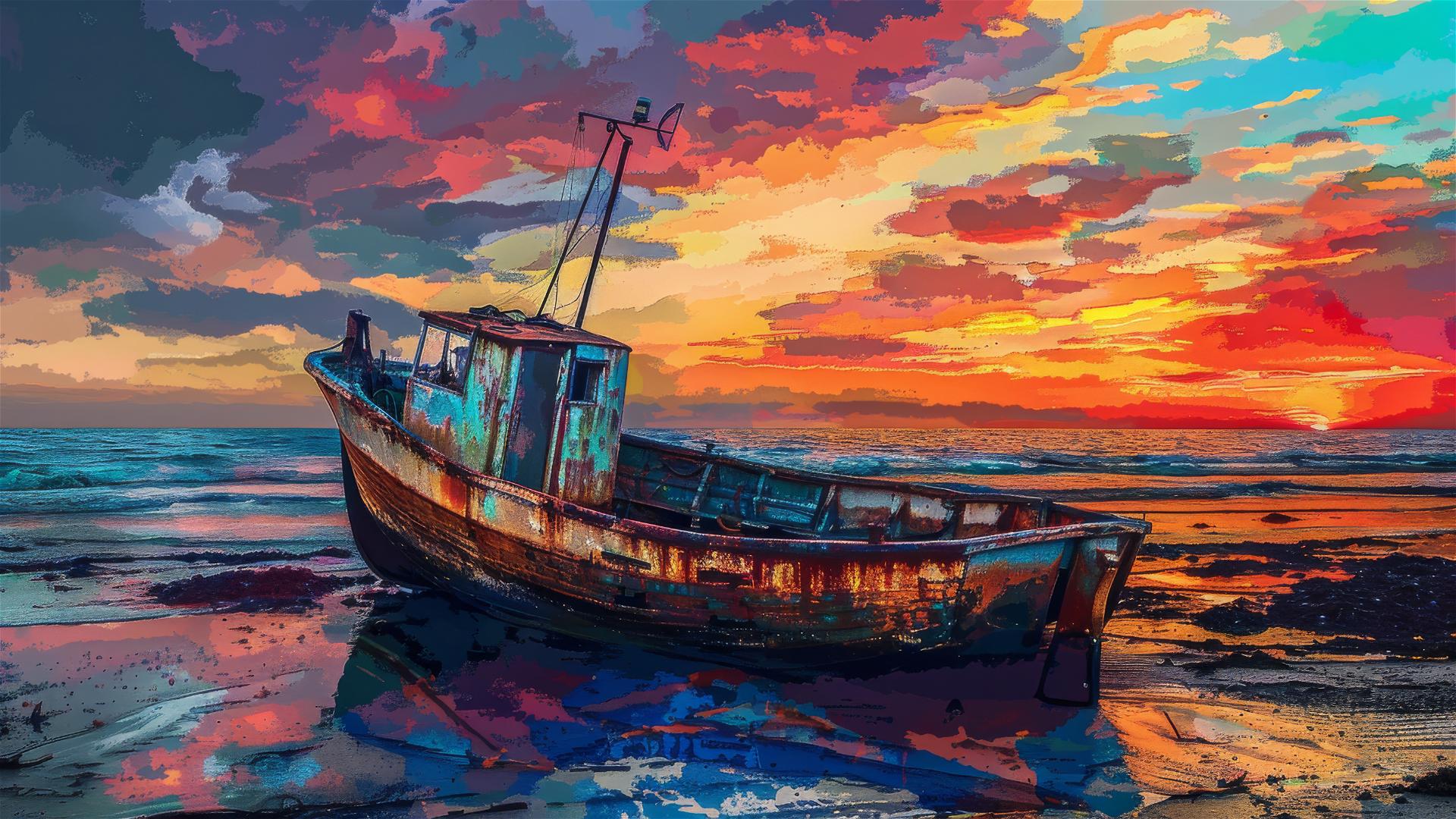 Psychedelic beach sunset with ragged fishing boat