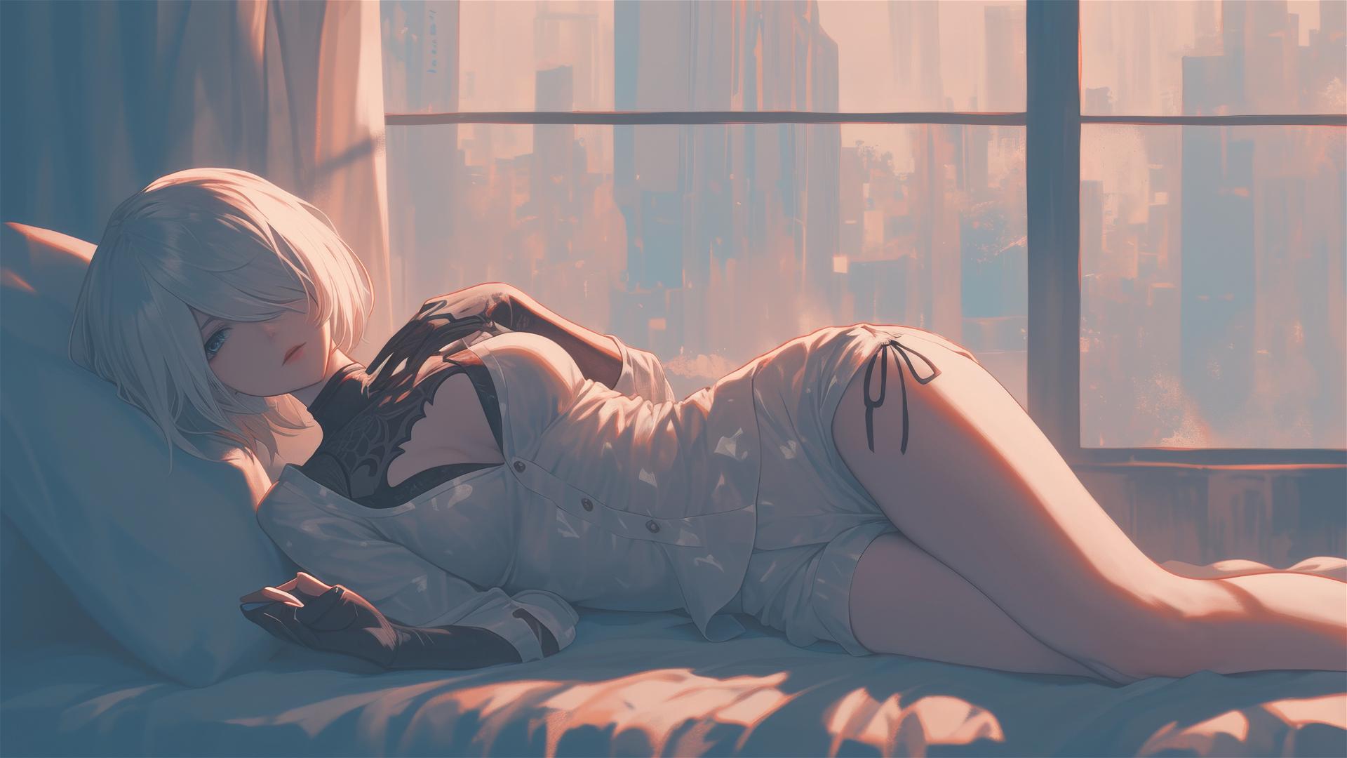 2B from Nier in white silk pajamas, basking in sunrise glow