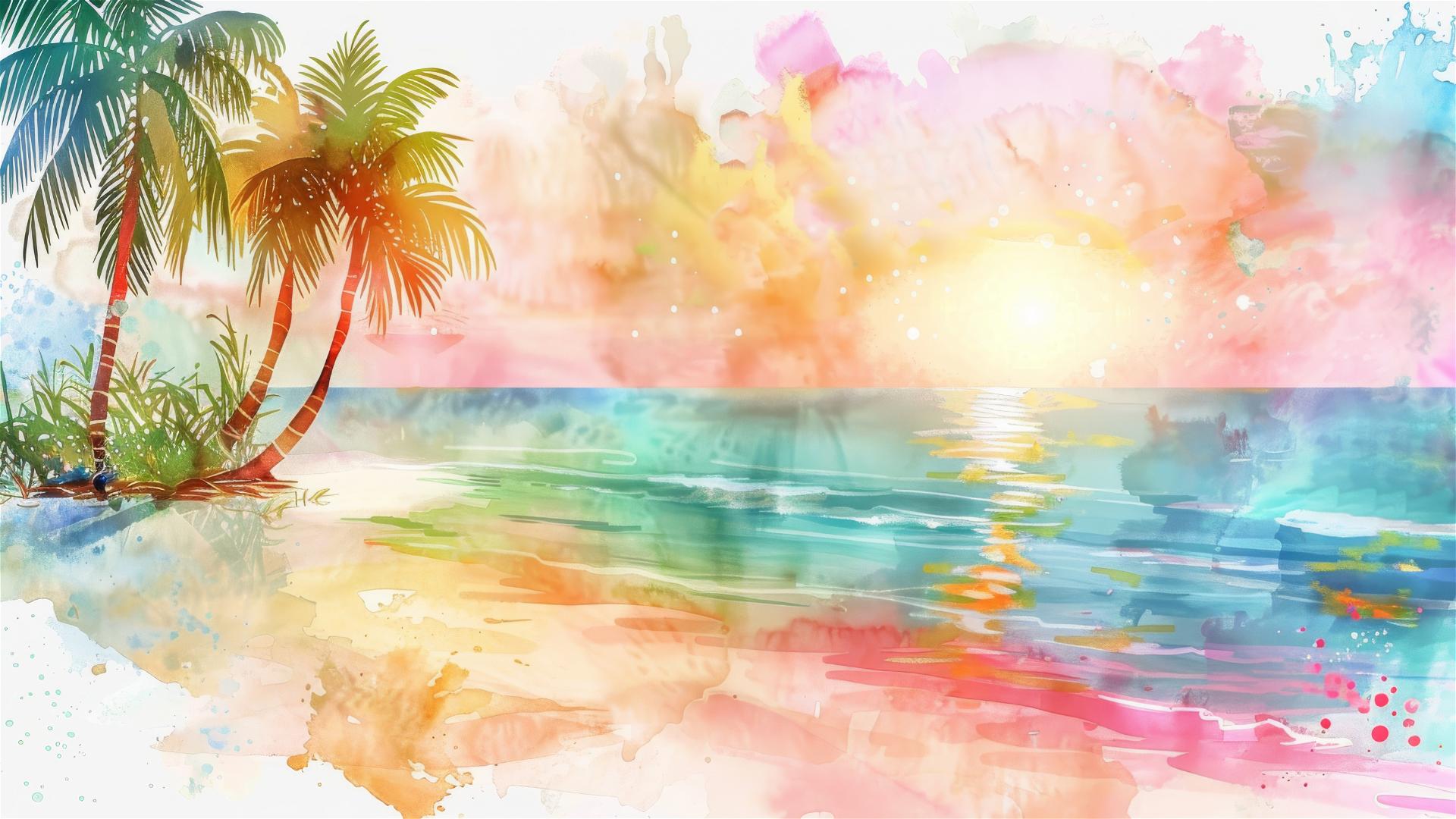 Tropical beach watercolor with rainbow scenery, palm trees, sunset, pink and blue sky, on white background