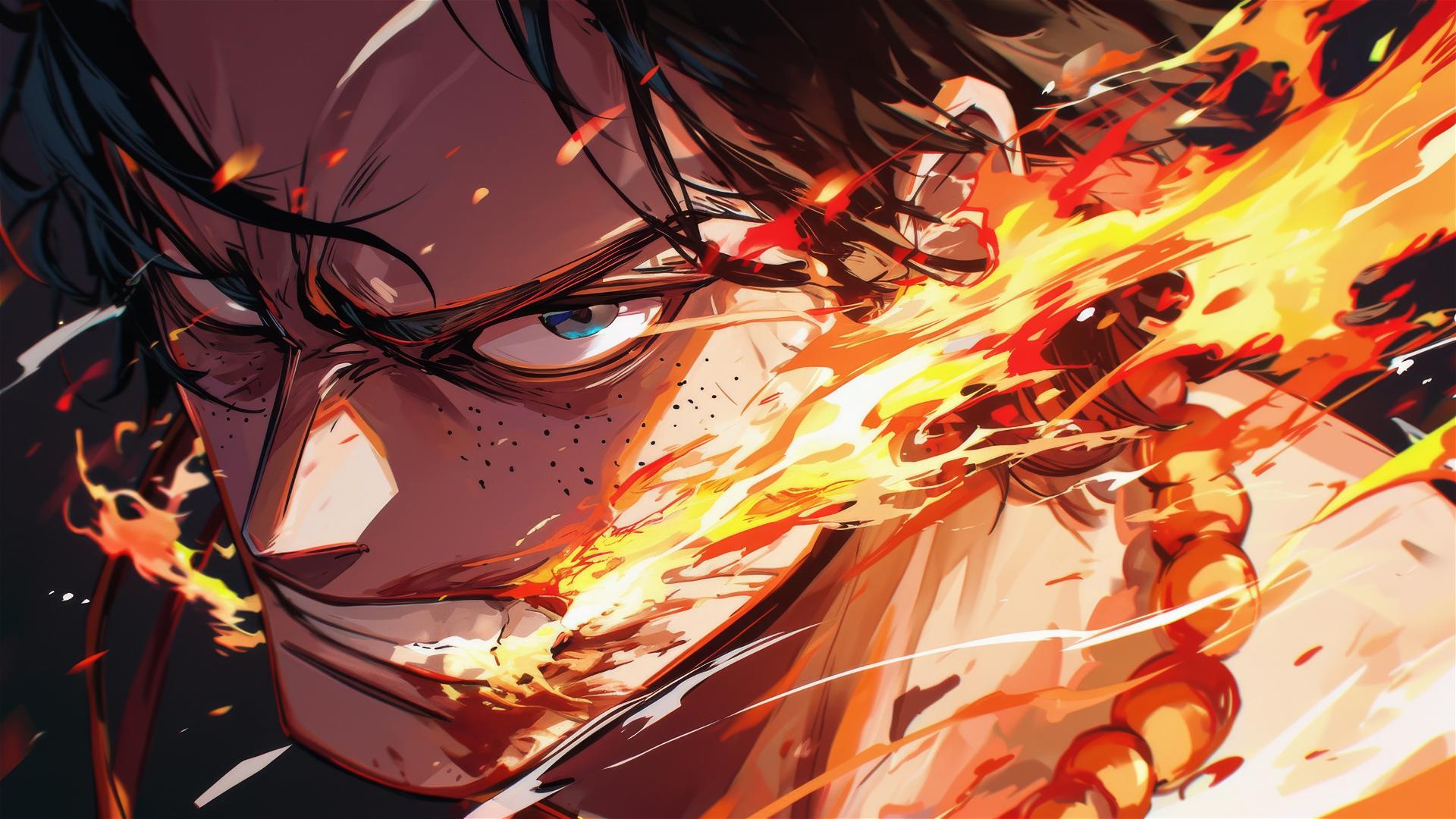Ace from One Piece with fiery glow in his eyes
