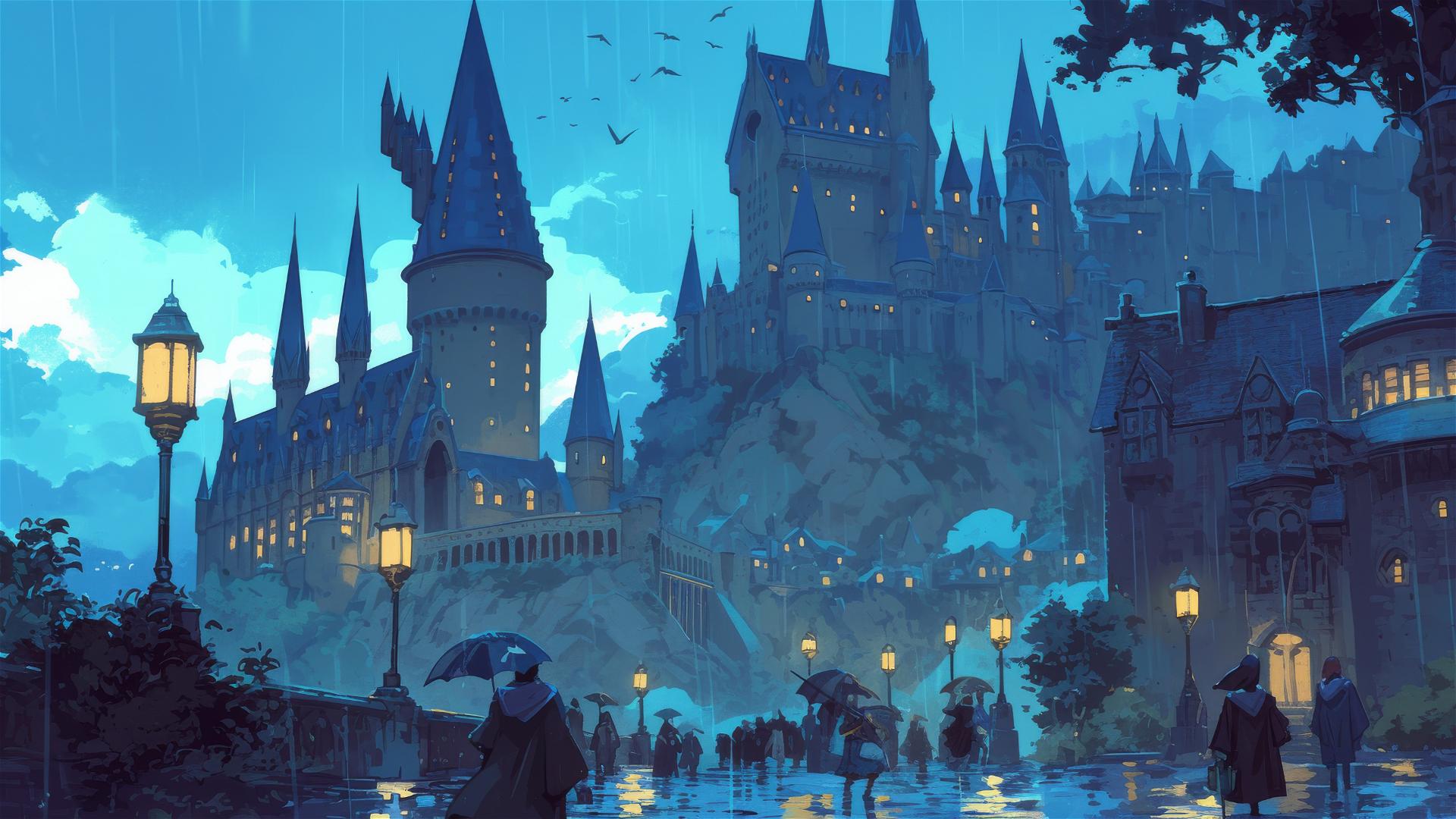 Ghibli-inspired rainy illustration of Hogwarts