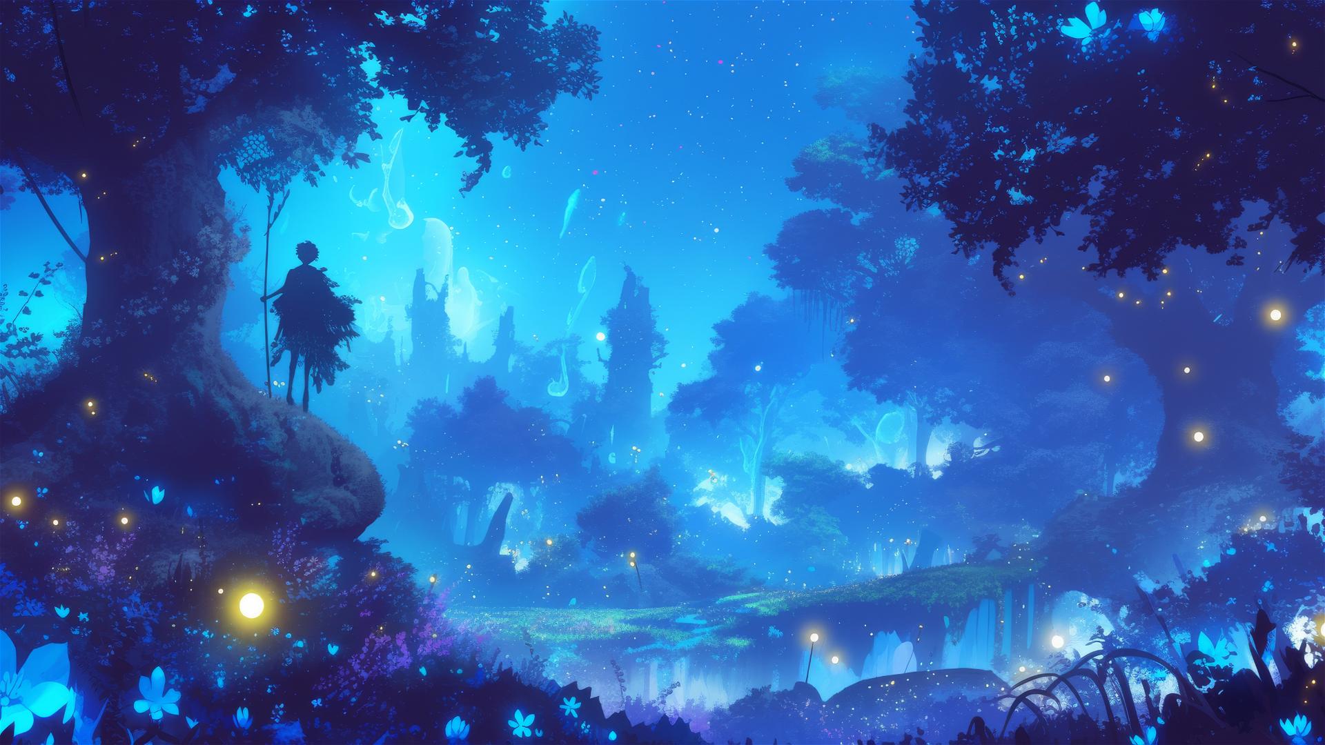 Enchanted forest night scene with glowing plants and wandering spirits under a starry sky