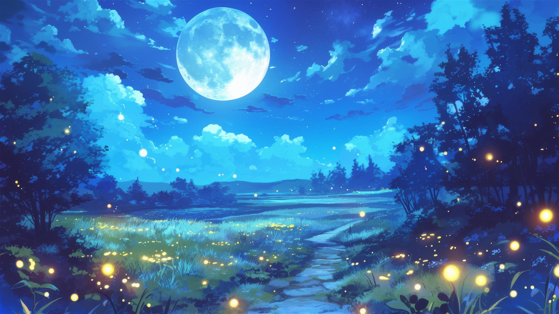 Glowing path in an enchanted meadow with fireflies and a full moon