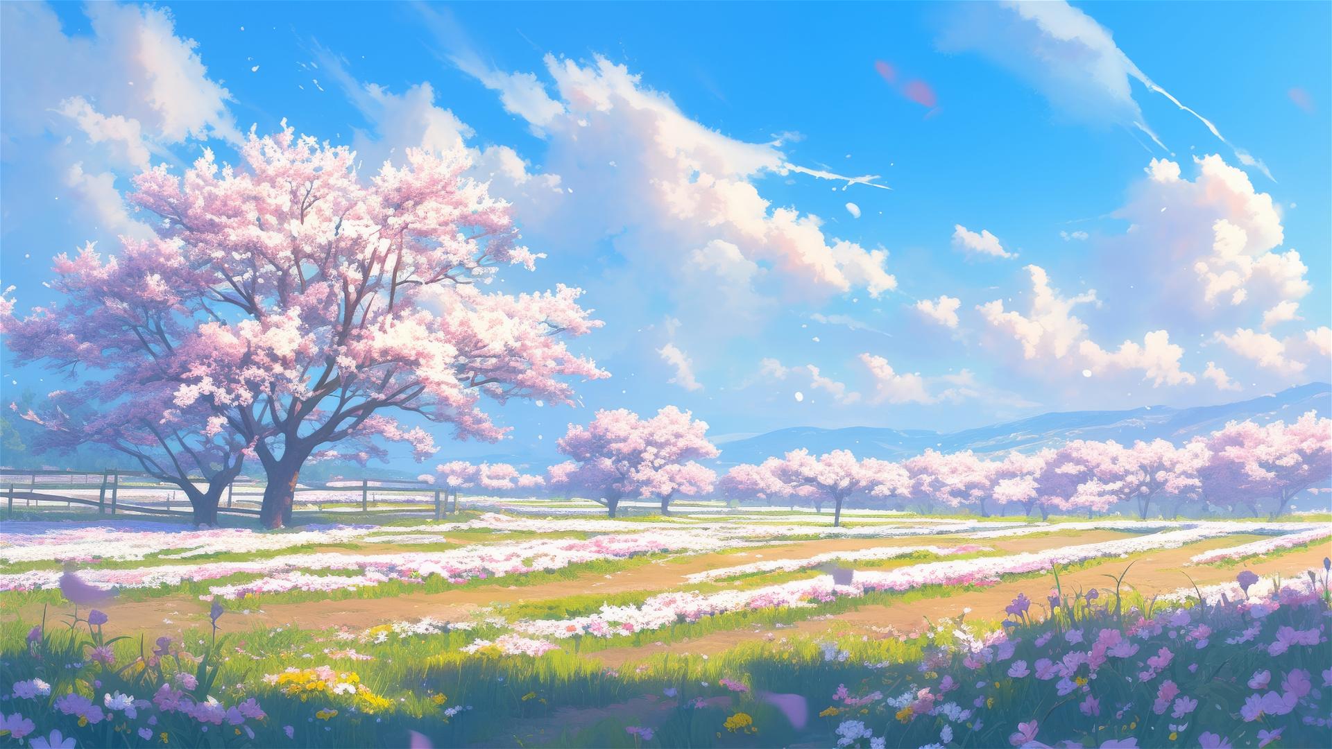 Peaceful orchard in bloom under a clear blue sky with soft petals fluttering